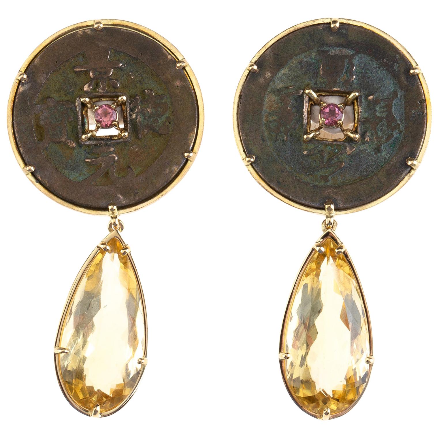 Citrine Drop Antiques Coin Pink Tourmaline 18 Karat Gold Earrings