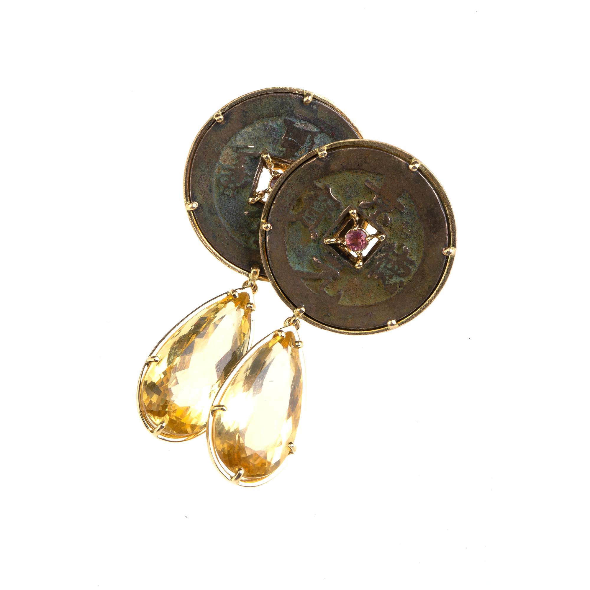 Citrine Drop Antiques Coin Pink Tourmaline 18 Karat Gold Earrings In New Condition For Sale In Milan, IT