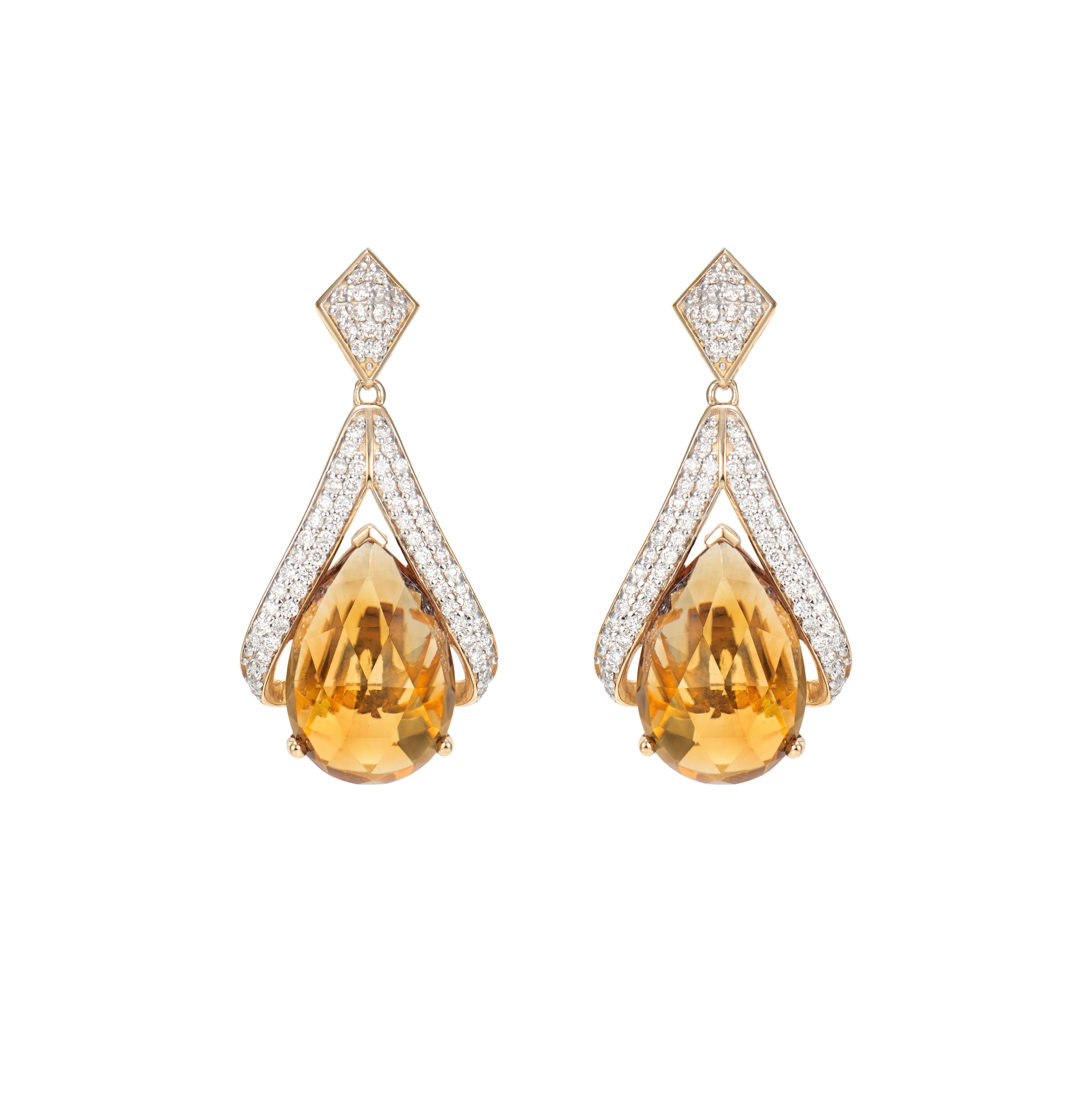 Pear Cut Citrine Drop Earring in 18 Karat Yellow Gold with White Diamond.