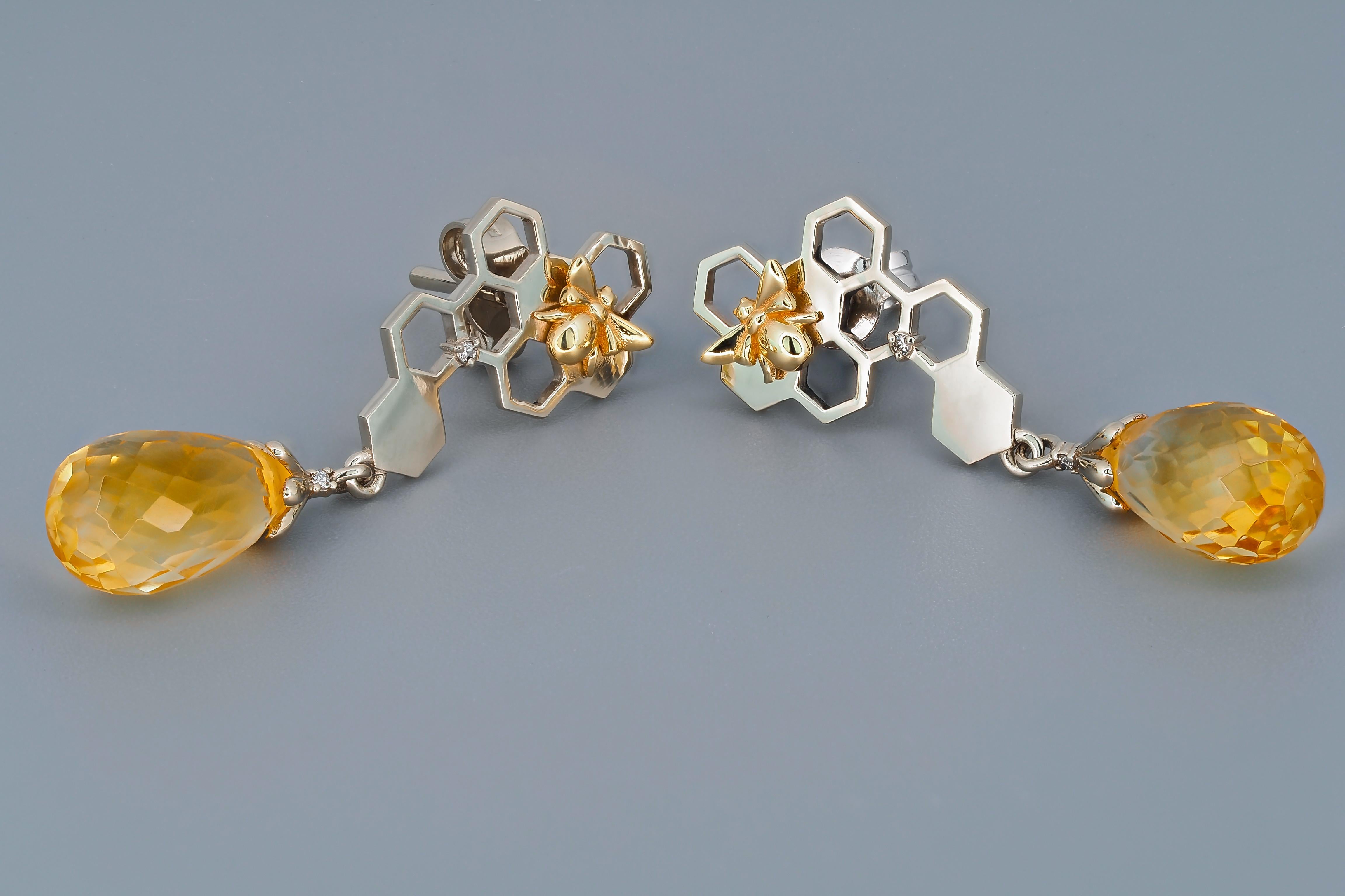 Briolette Cut Citrine earrings studs in 14 k gold.  For Sale
