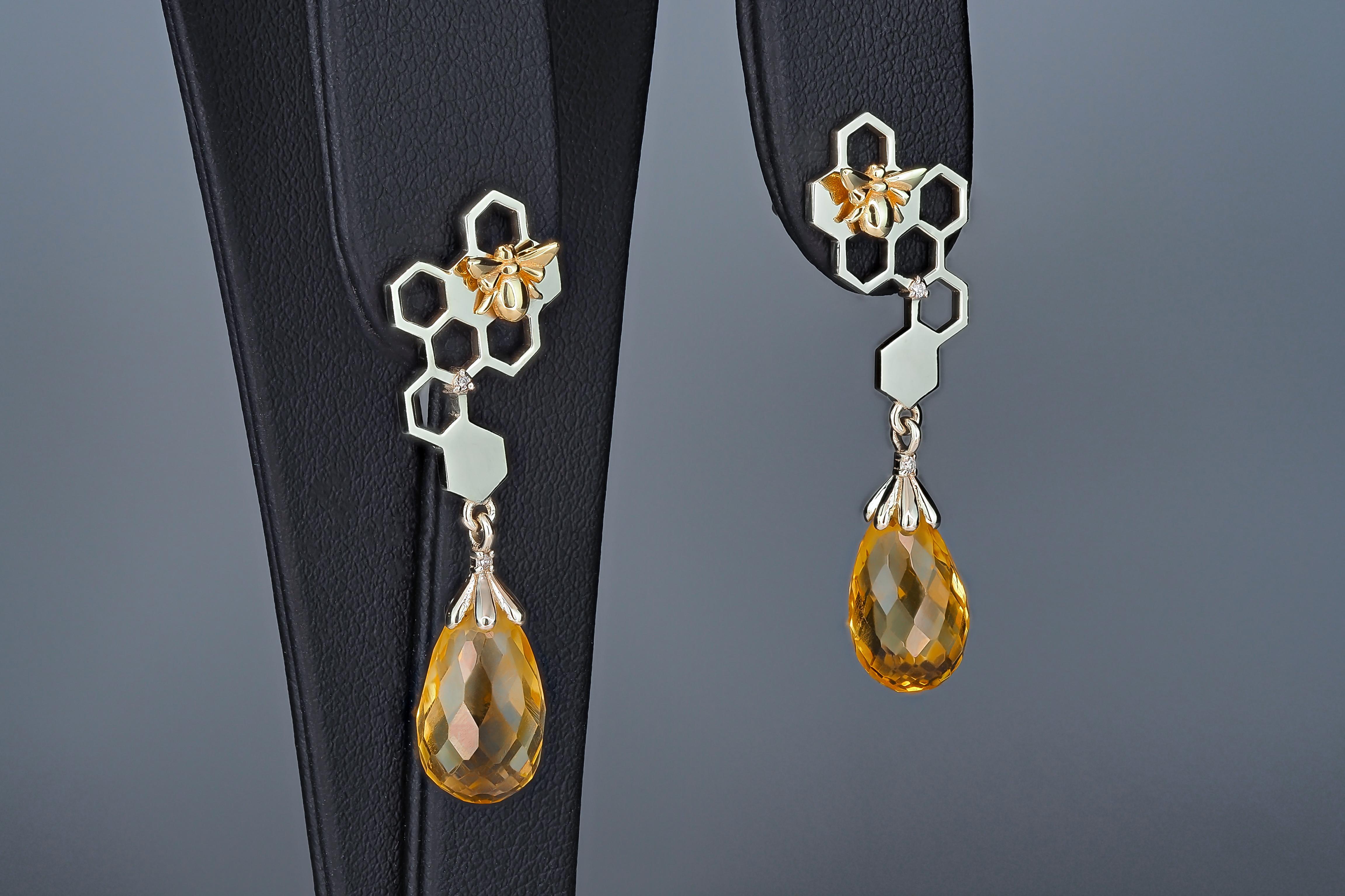Women's Citrine earrings studs in 14 k gold.  For Sale