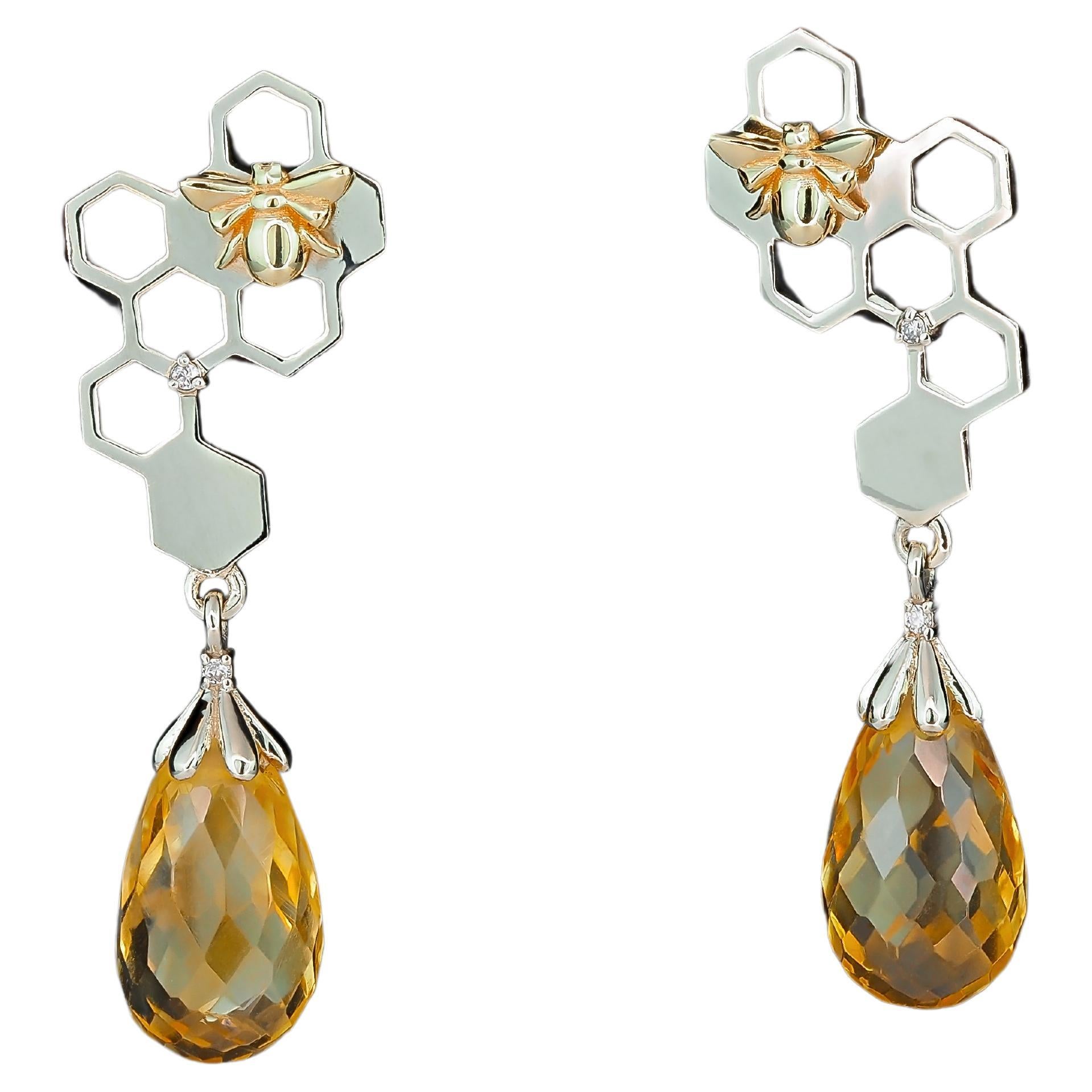 Boucles d'oreilles citrine en or 14 K. 