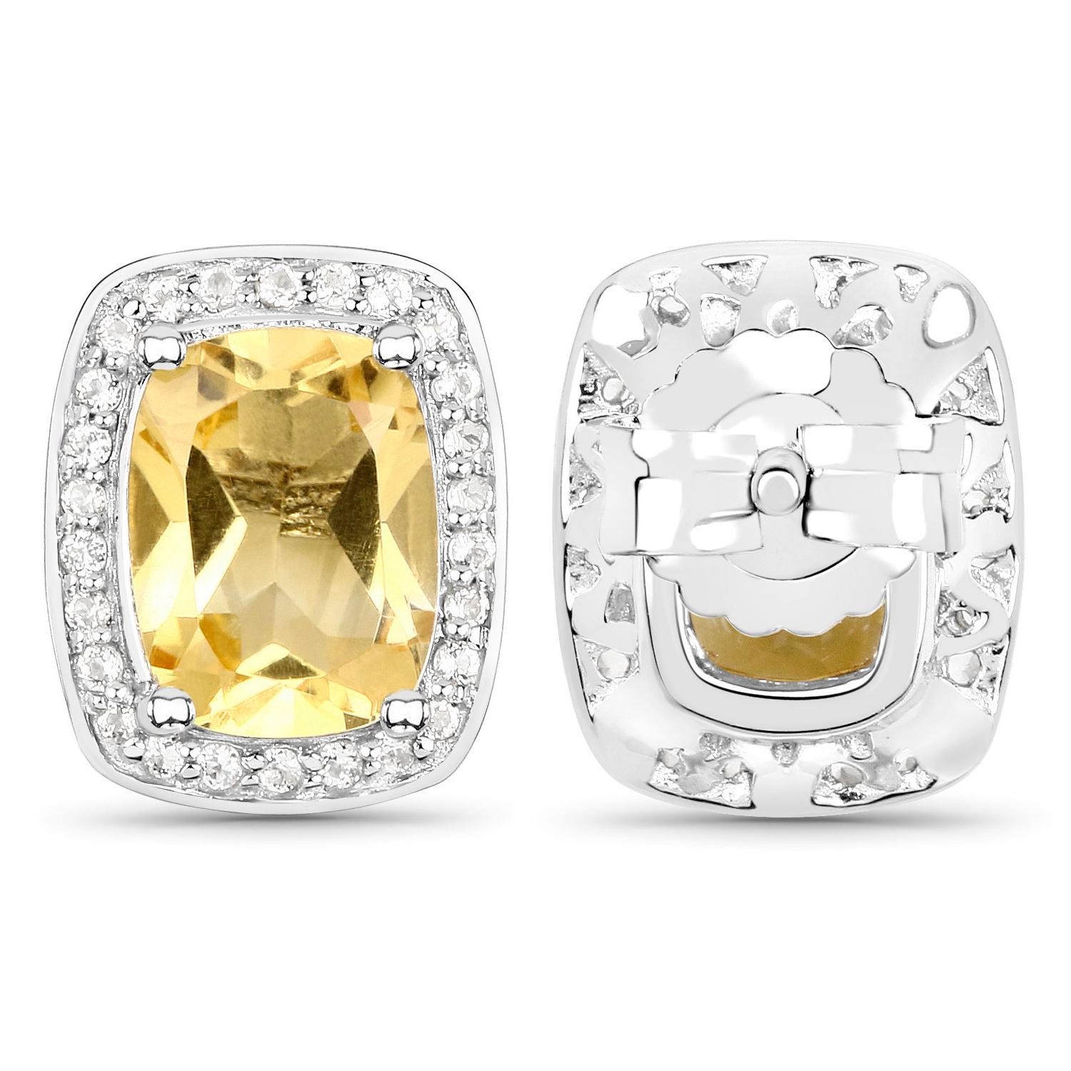 Taille coussin Boucles d'oreilles Citrine Halo Topaze 2.8 Carats Argent plaqué or blanc 18K en vente