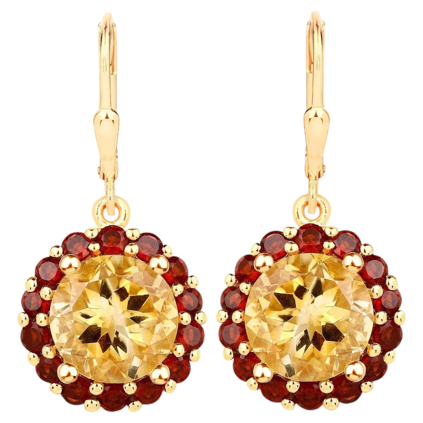 Citrine Earrings With Garnet 8.4 Carats Gold Plated Silver