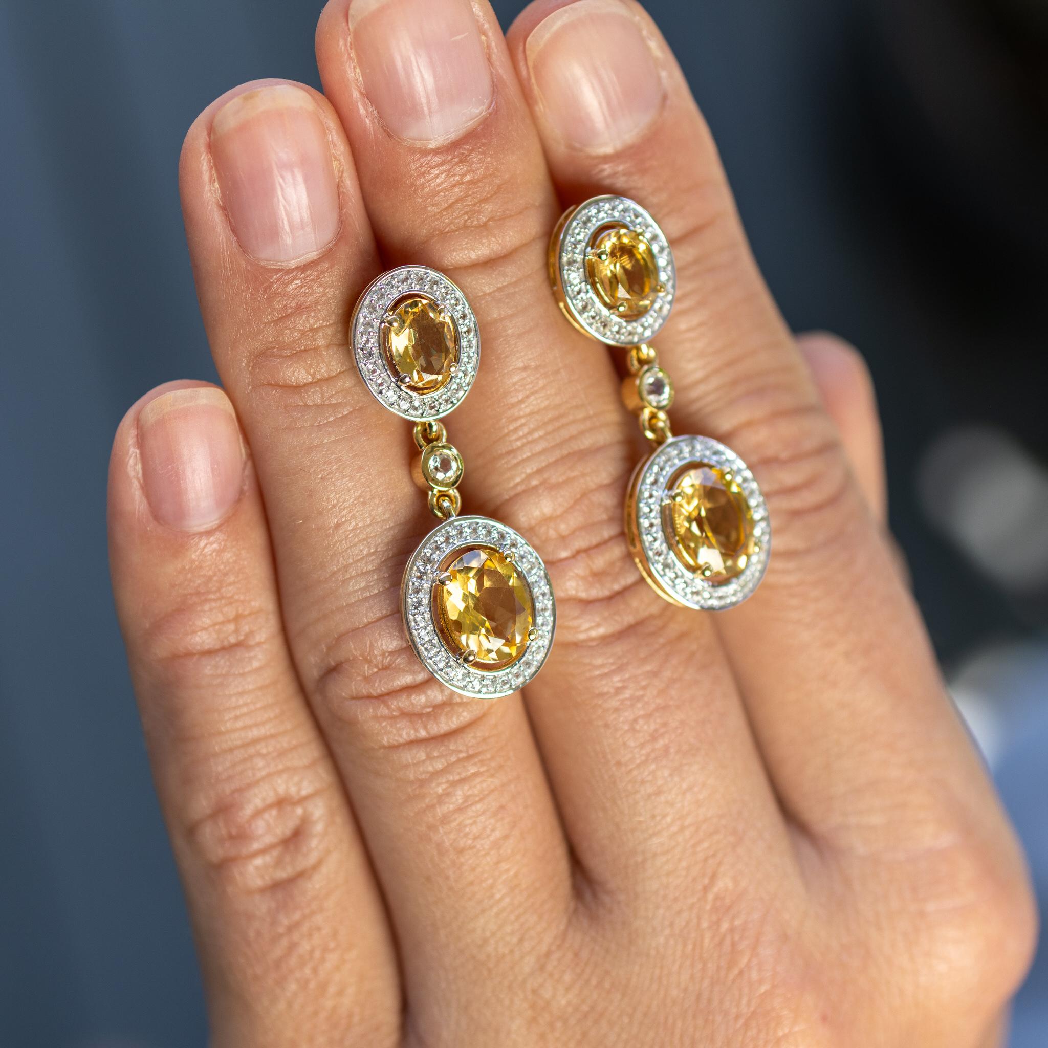 Taglio ovale Orecchini Citrino con Topazi 5,7 Carati Placcati in Oro Giallo 18K A. Silver in vendita