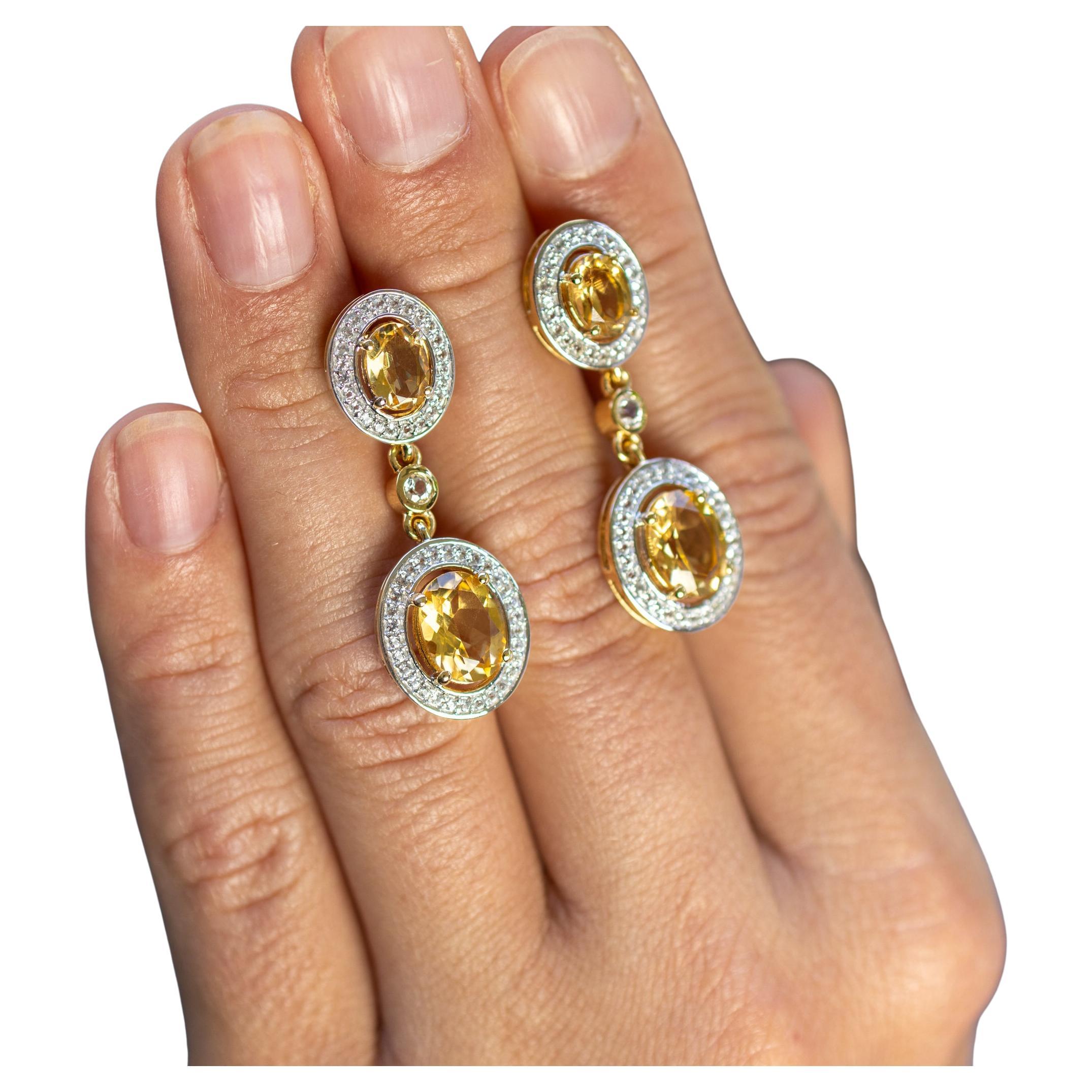 Orecchini Citrino con Topazi 5,7 Carati Placcati in Oro Giallo 18K A. Silver