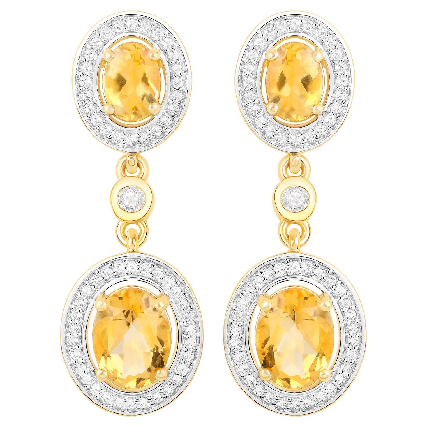 Citrine Earrings With Topazes 5.70 Carats 18K Yellow Gold Plated Sterling Silver For Sale