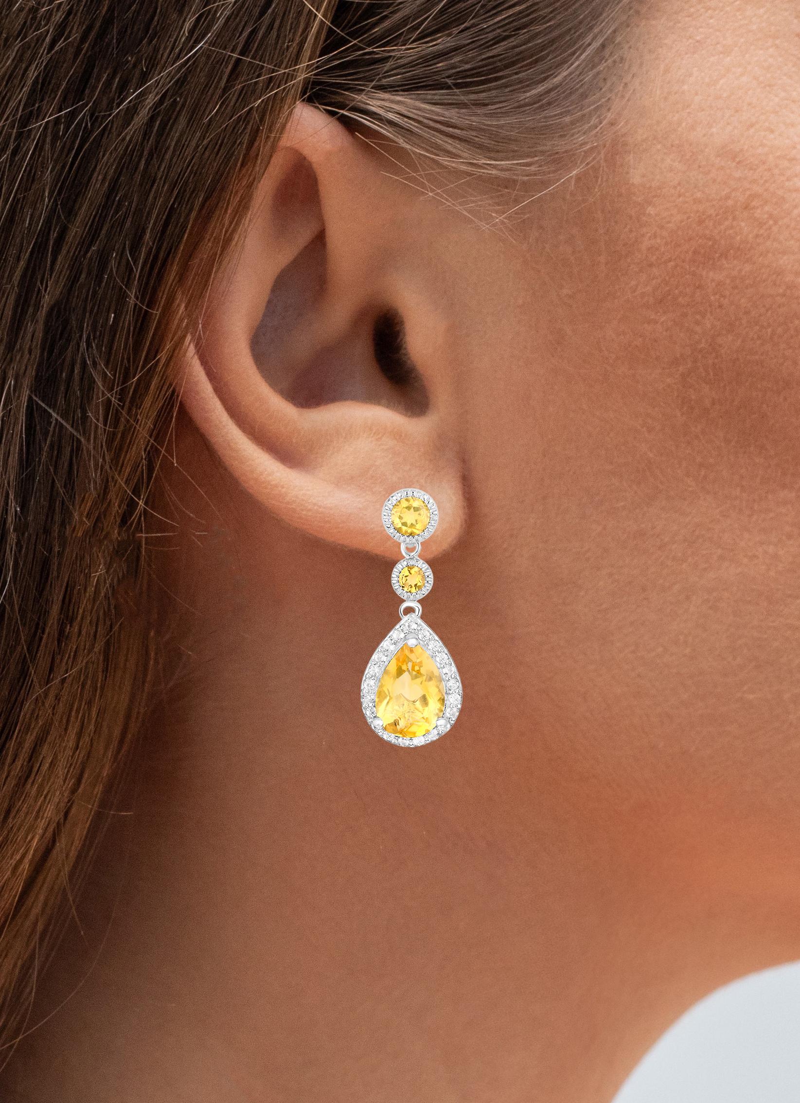 Contemporary Citrine Earrings With White Topazes 7.06 Carats Rhodium Plated Sterling Silver For Sale