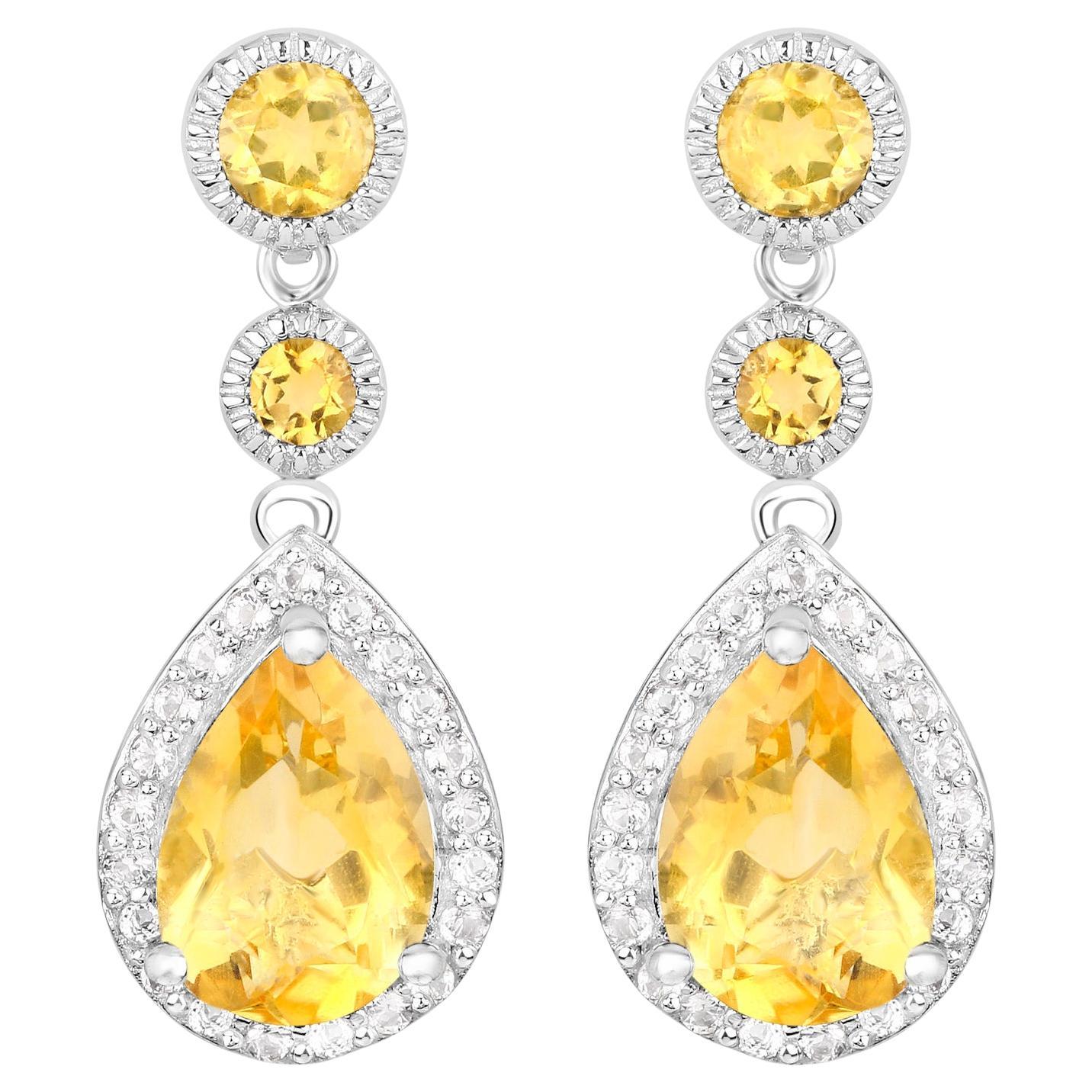 Citrine Earrings With White Topazes 7.06 Carats Rhodium Plated Sterling Silver For Sale