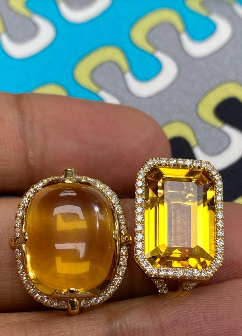 Citrine East-West Emerald Cut Ring with Diamonds in 18K Yellow Gold, from 'Gossip' Collection. Please allow 2-4 weeks for this item to be delivered.

Stone Size: 10 x 15 mm 

Diamonds: G-H / VS, Approx Wt: 0.73 Cts