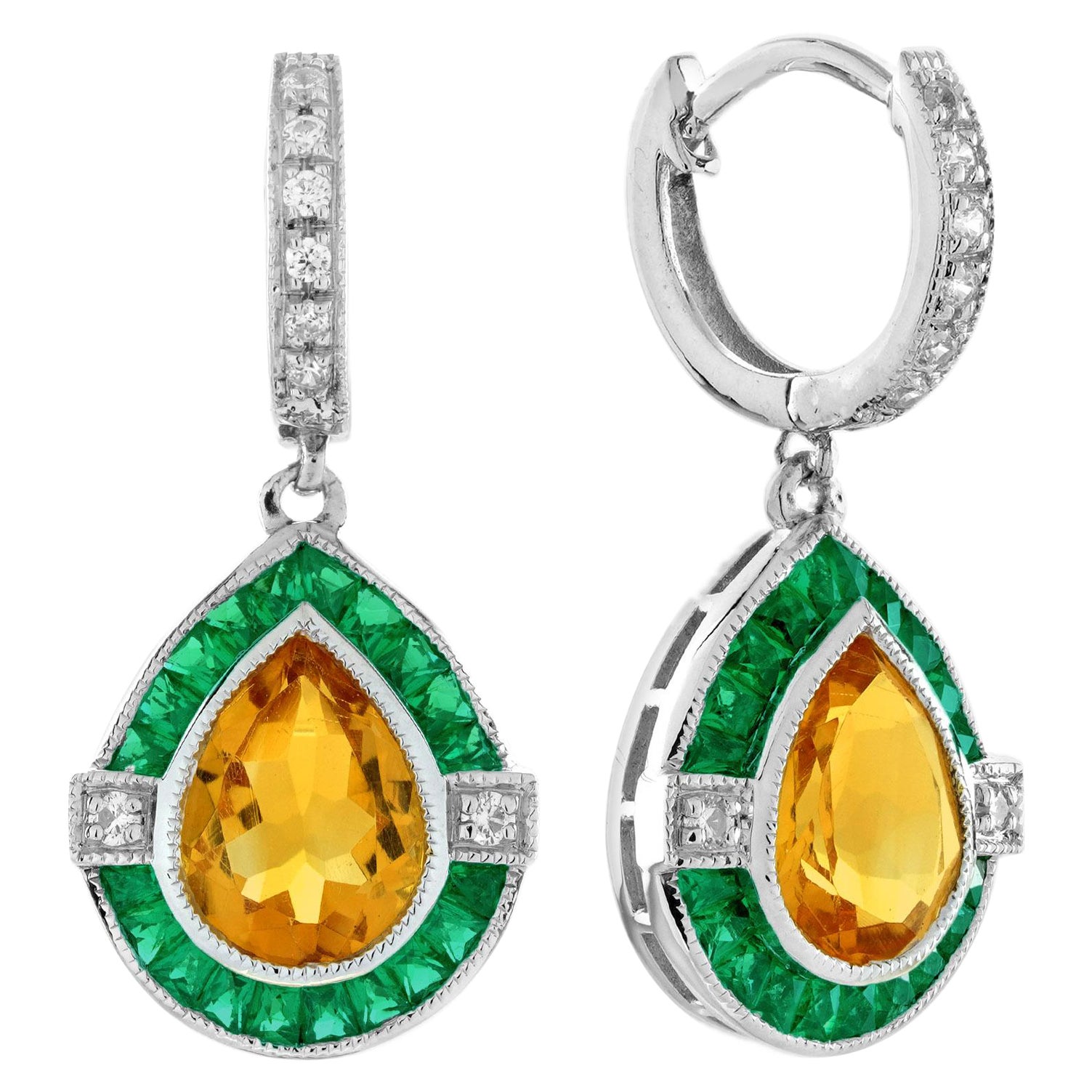 Smeraldo Citrino e Diamante Orecchini a cliff in stile Art Déco in oro 18 carati