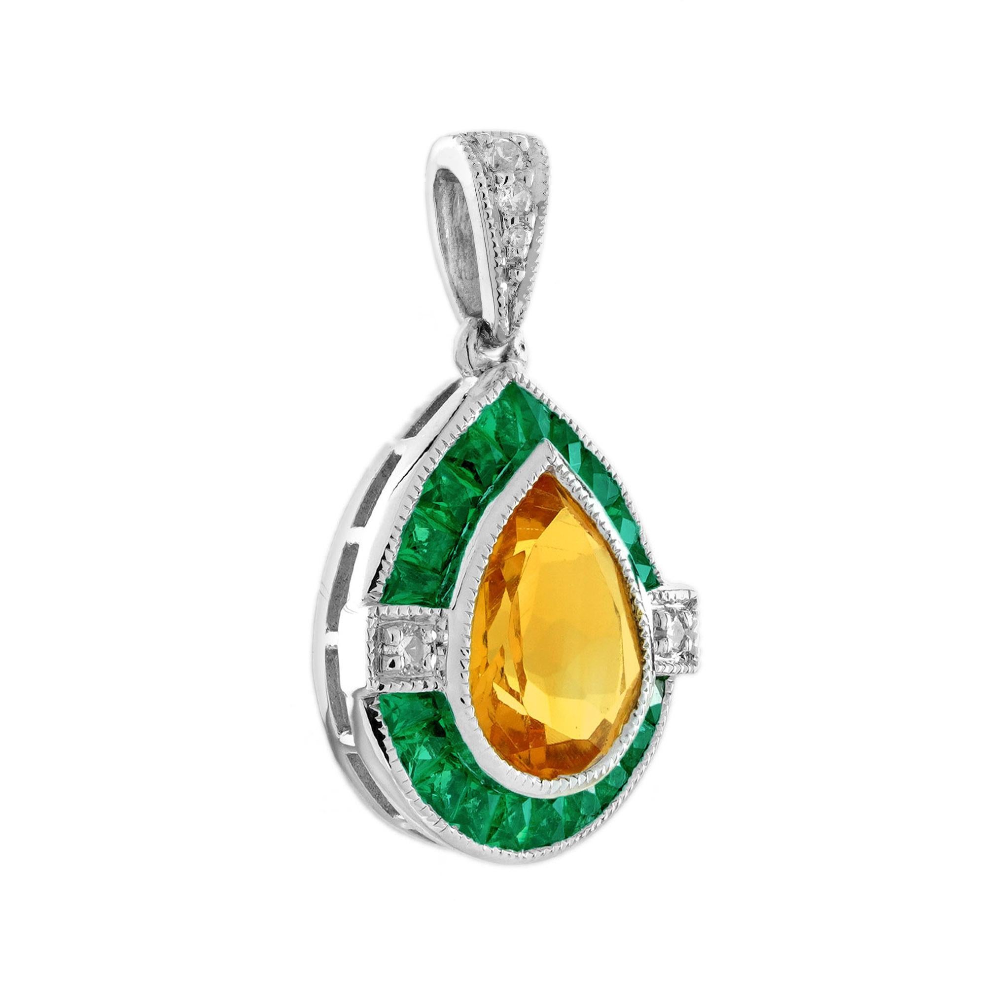 Pendentif en or blanc 14K avec citrine, émeraude et diamant de style Art Déco Unisexe en vente