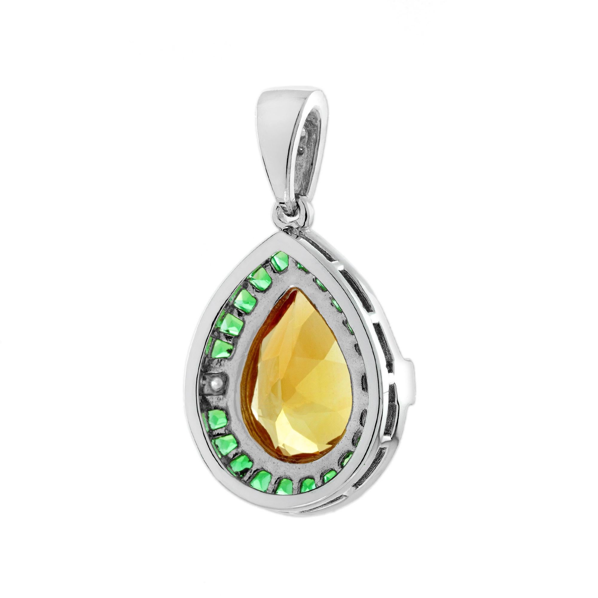 Pendentif en or blanc 14K avec citrine, émeraude et diamant de style Art Déco en vente 1