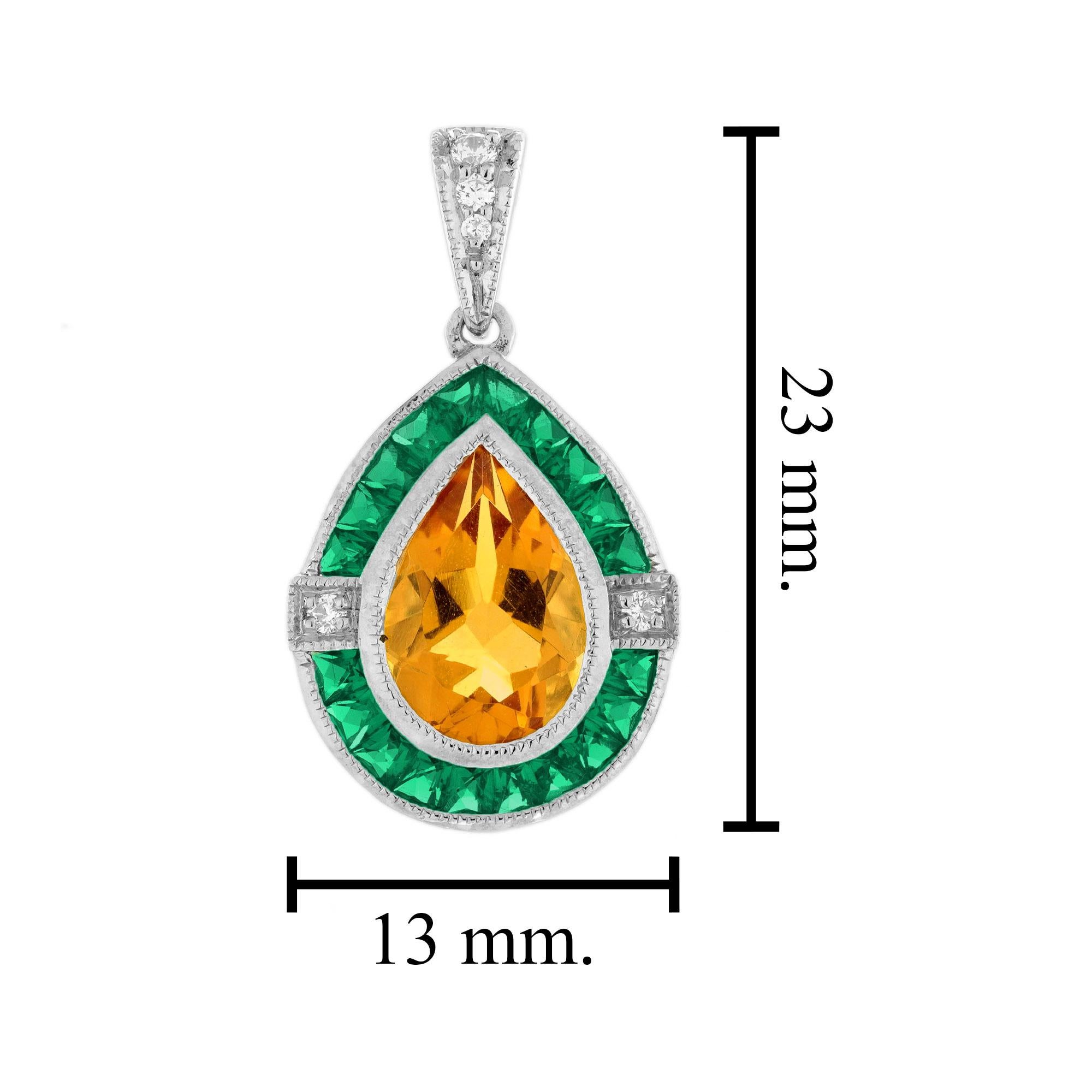 Pendentif en or blanc 14K avec citrine, émeraude et diamant de style Art Déco en vente 2