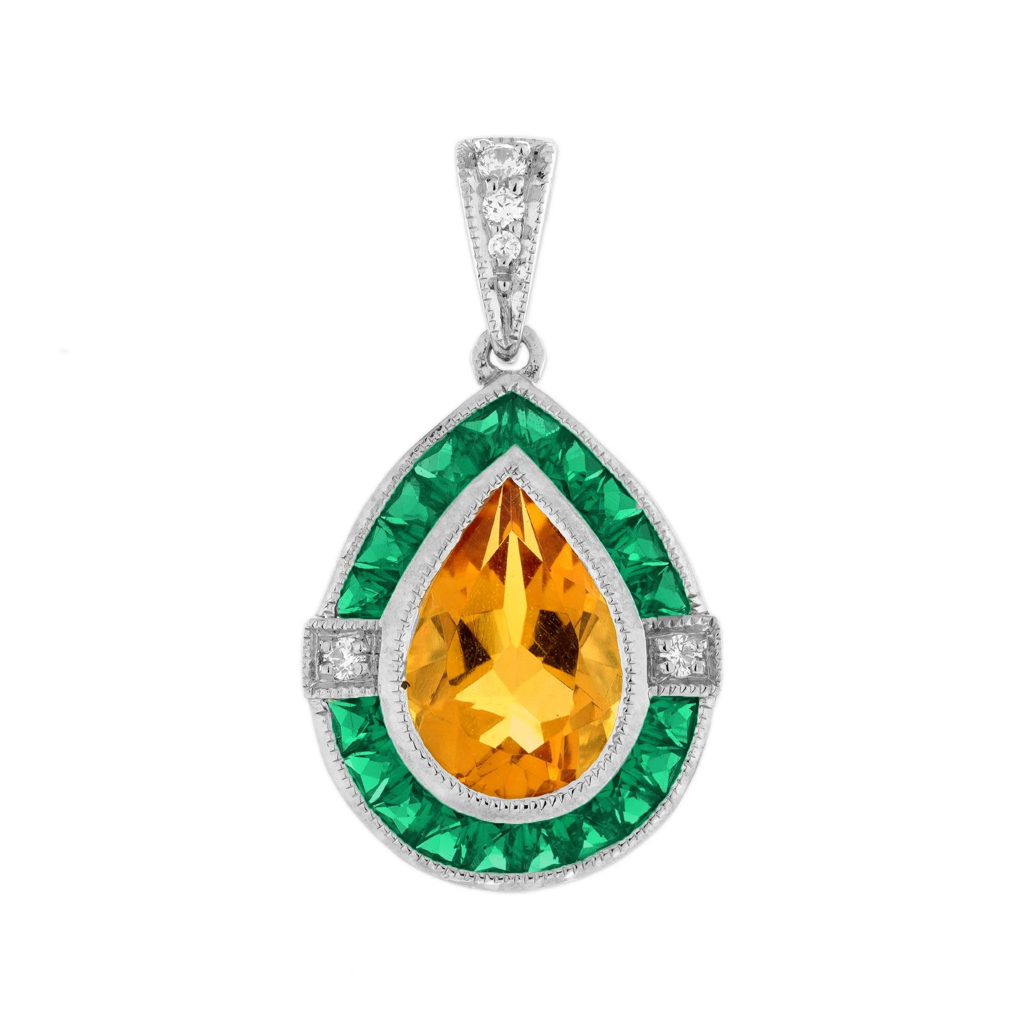 Pendentif en or blanc 14K avec citrine, émeraude et diamant de style Art Déco en vente