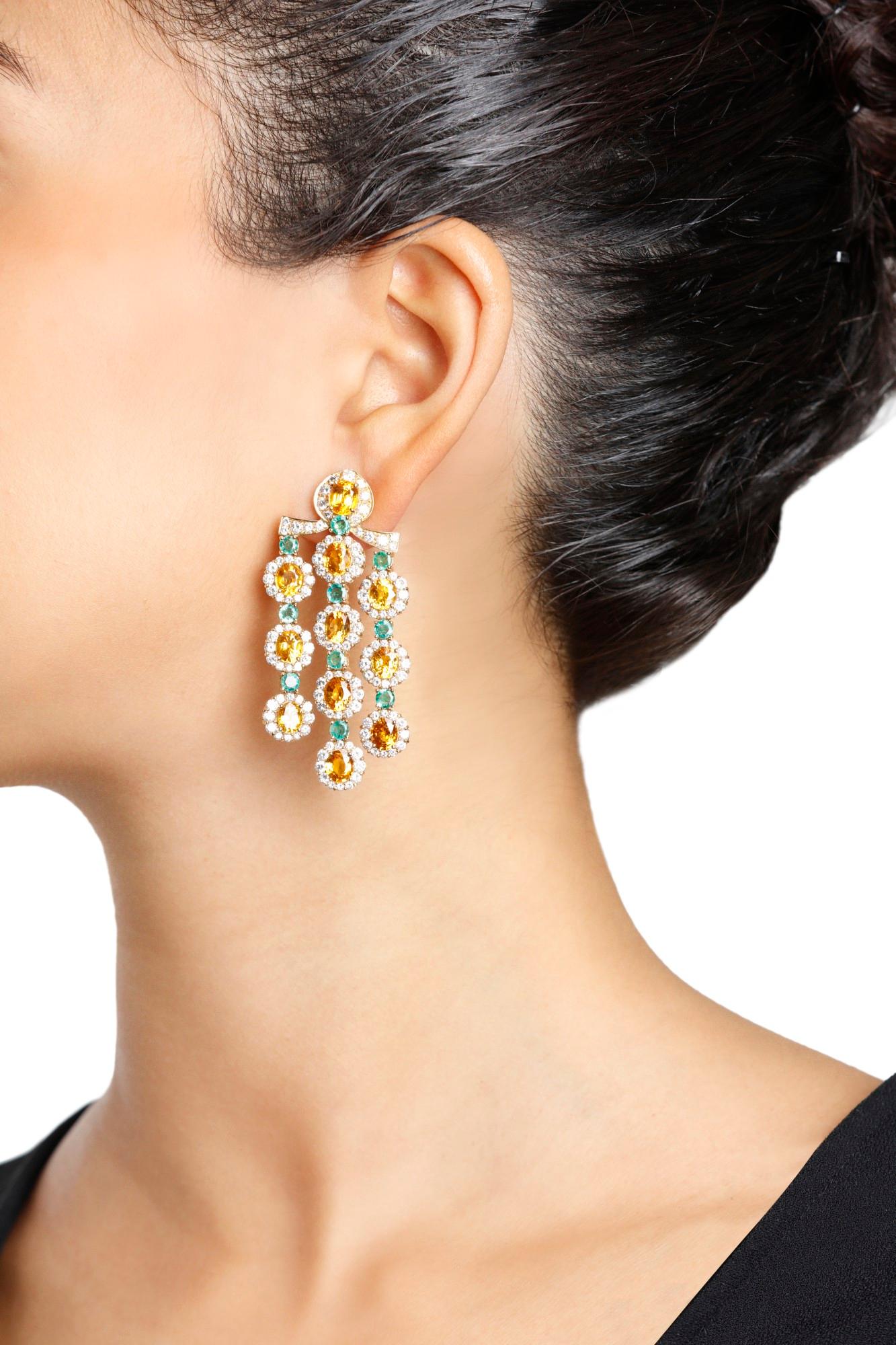Mixed Cut Citrine, Emerald, and Diamond Chandelier Earrings For Sale