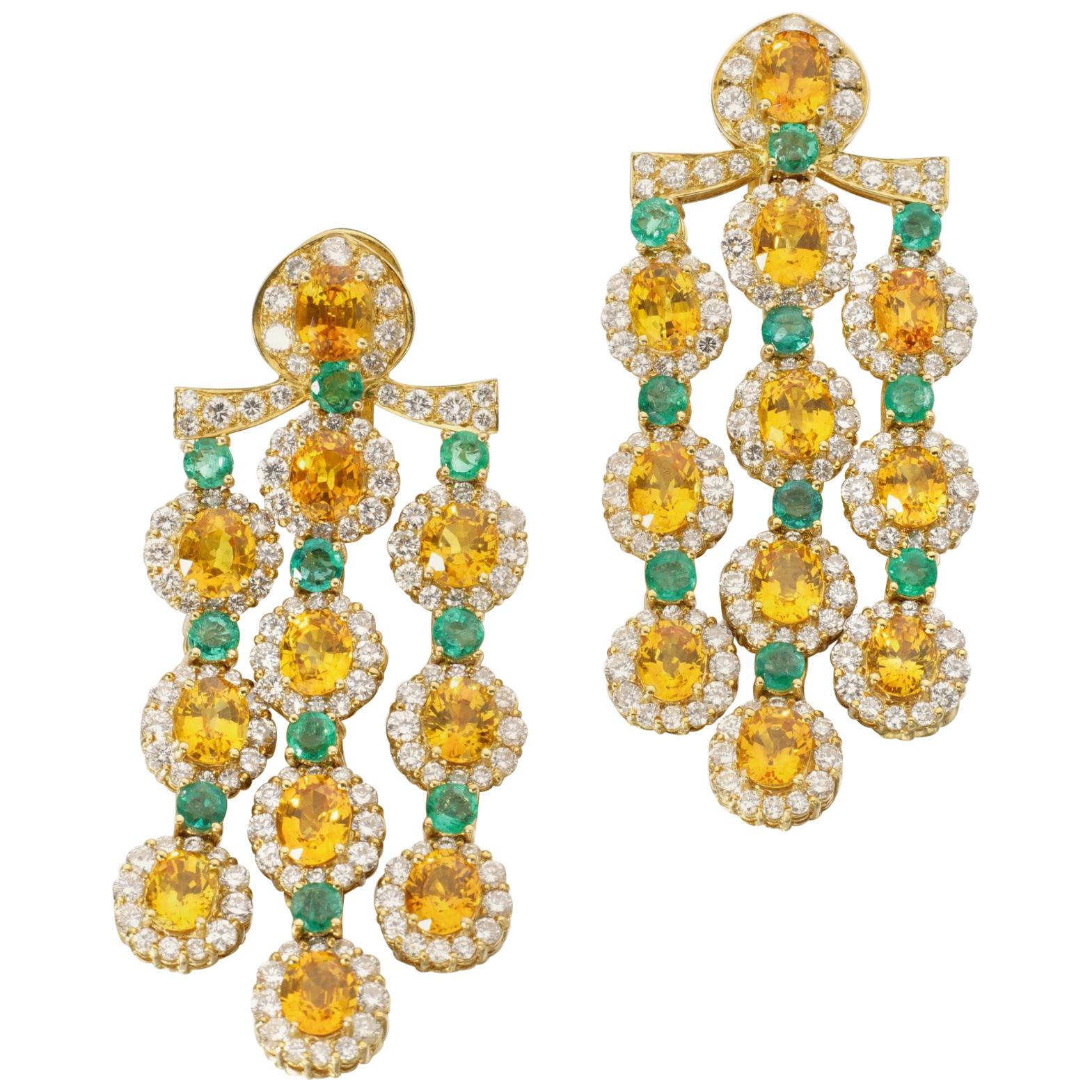 Citrin, Smaragd und Diamant-Kronleuchter-Ohrringe