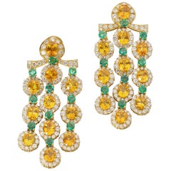 Retro Citrine, Emerald, and Diamond Chandelier Earrings