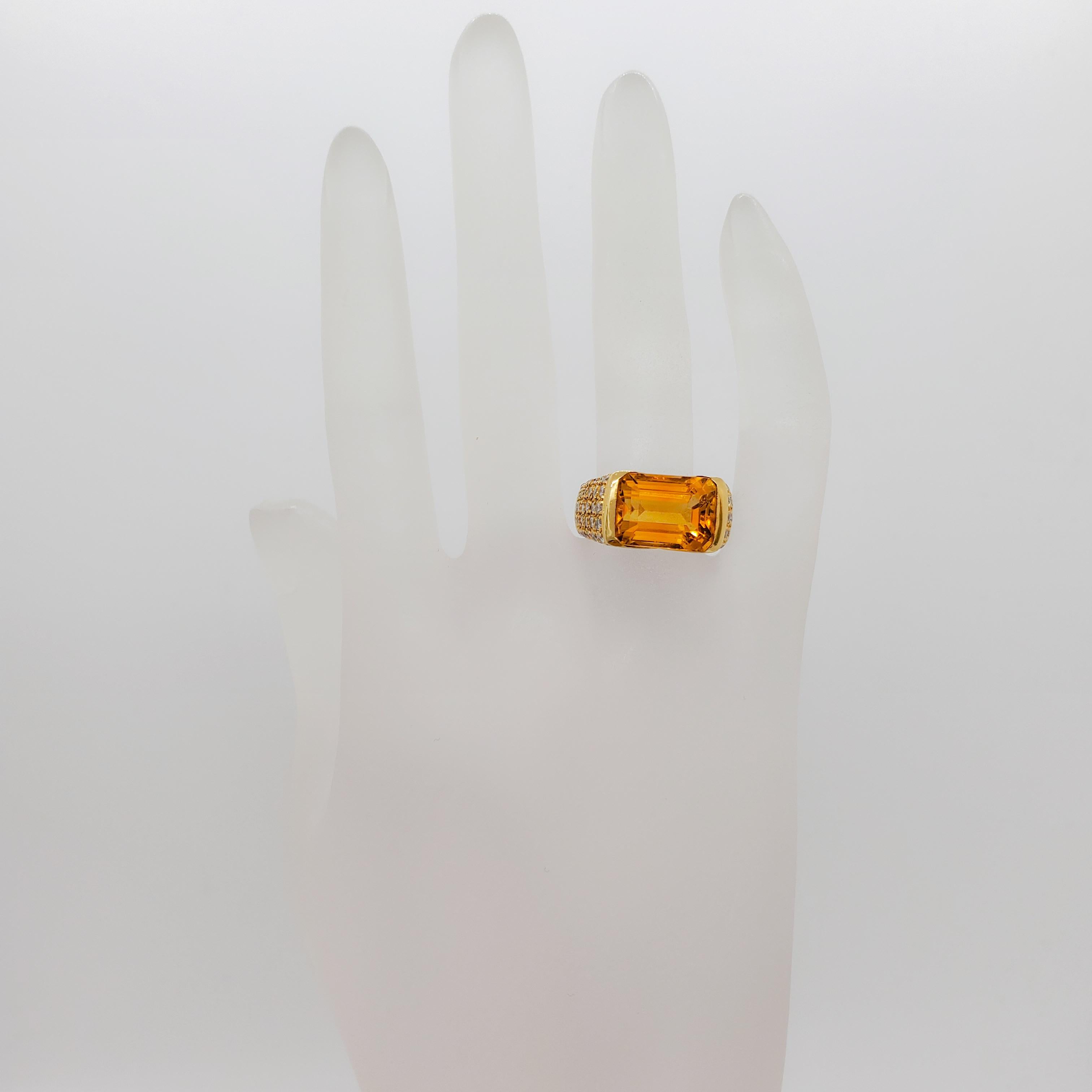 Women's or Men's Citrine Emerald Cut and Diamond Cocktail Ring in 18k Yellow Gold