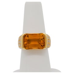 Citrine Emerald Cut and Diamond Cocktail Ring in 18k Yellow Gold