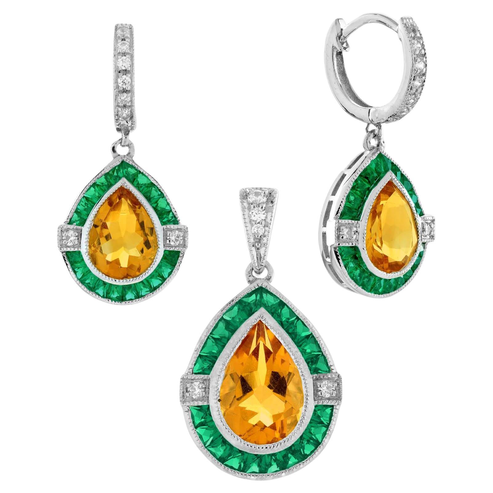 Orecchini pendenti con diamante e smeraldo Citrino Set di gioielli in oro bianco 14K