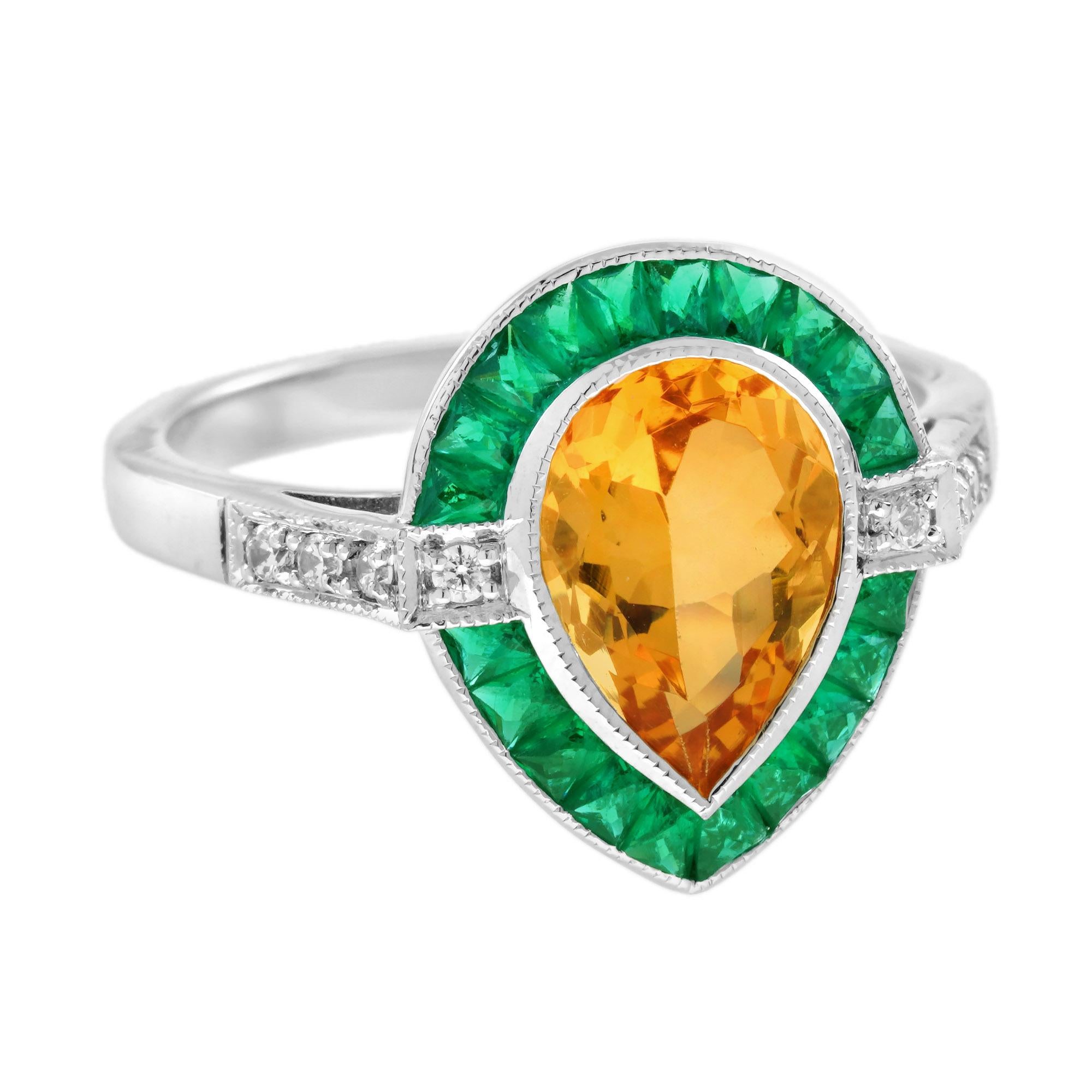 Taglio a goccia Anello di fidanzamento a goccia con smeraldo e diamante Citrino in oro bianco 14 carati in vendita