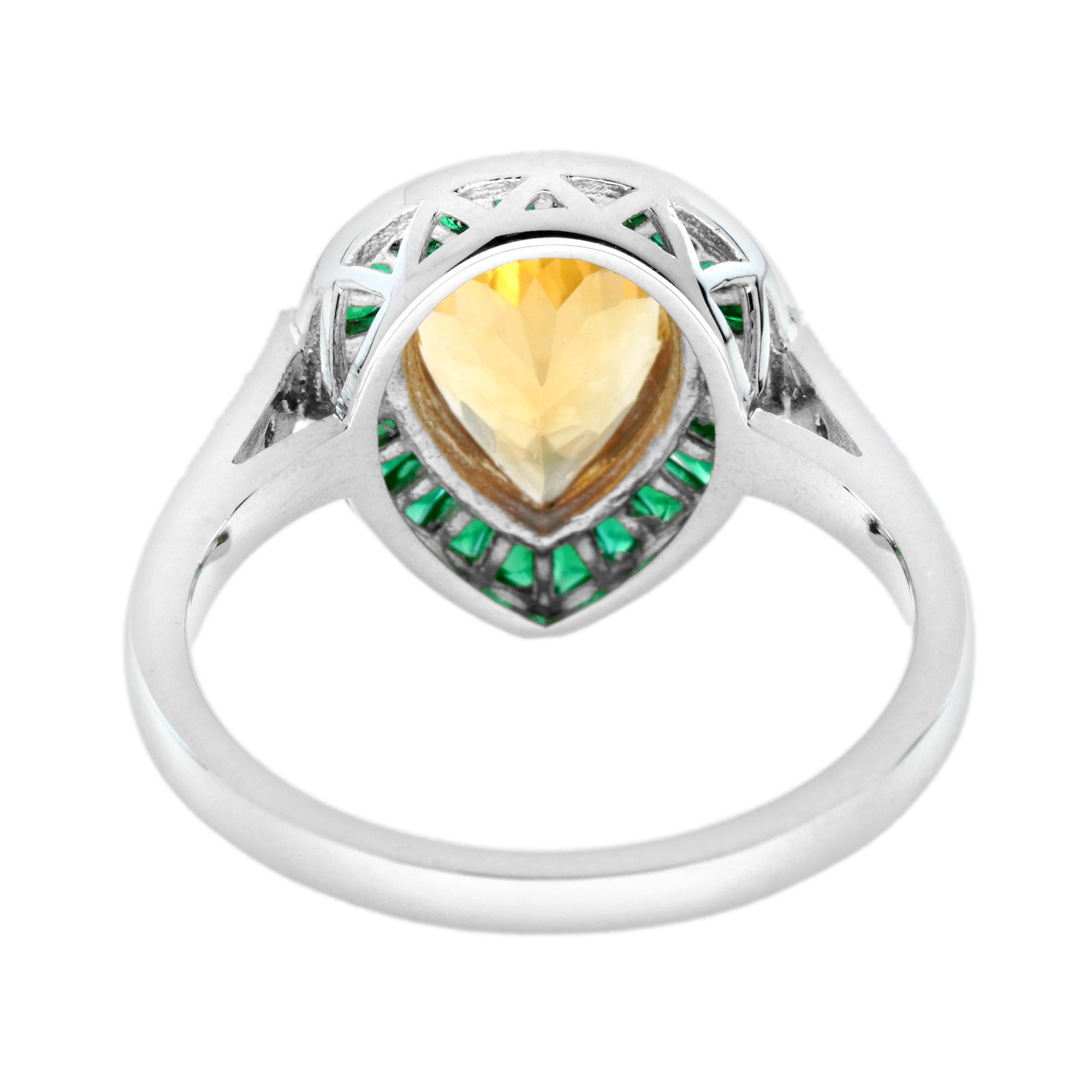 Donna Anello di fidanzamento a goccia con smeraldo e diamante Citrino in oro bianco 14 carati in vendita