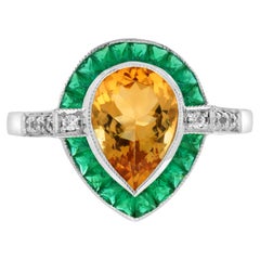 Bague de fiançailles Citrine Emeraude Diamant en forme de goutte en or blanc 14K
