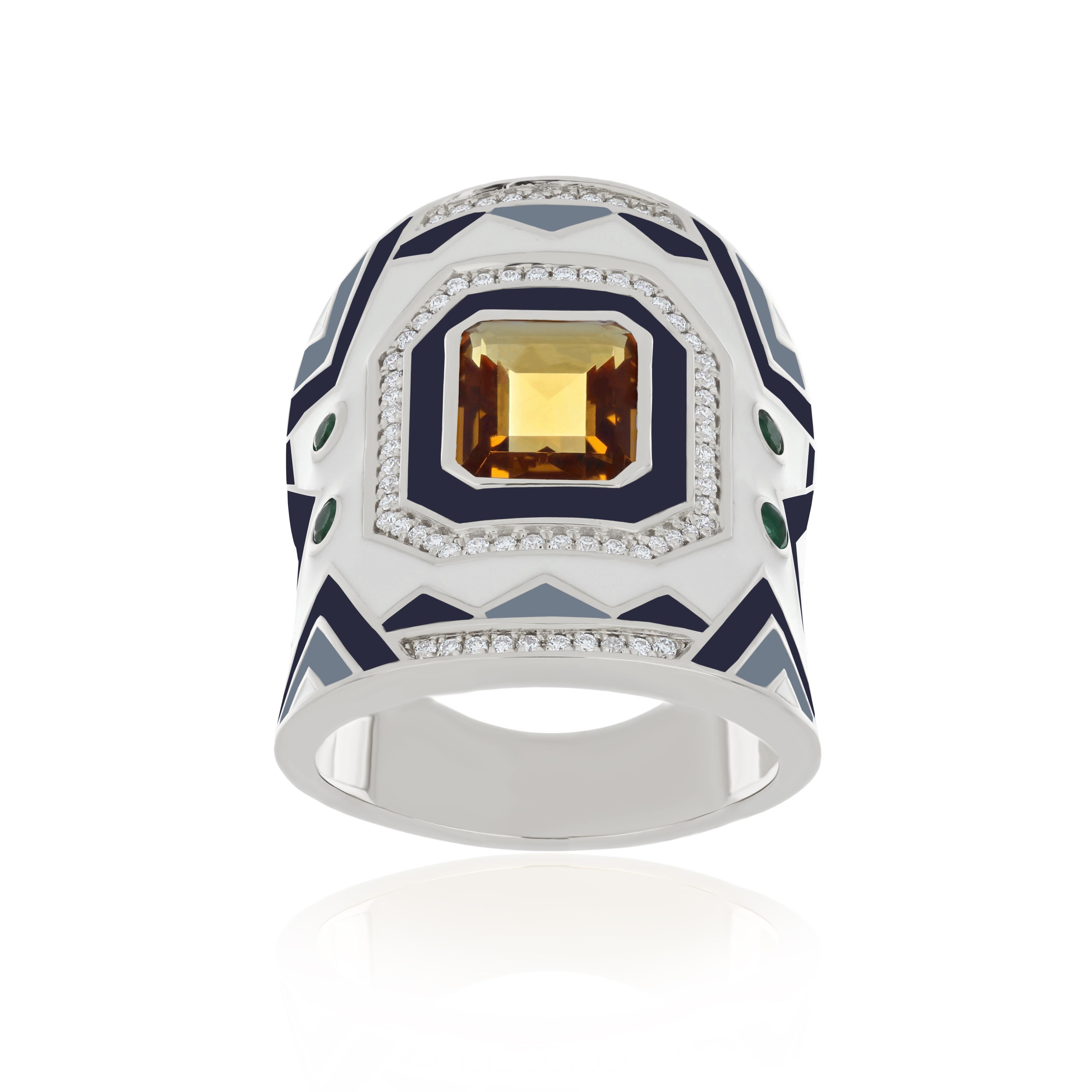 For Sale:  Citrine, Emerald & Diamond Studded Ring with Enamel in 14 Karat White Gold 2