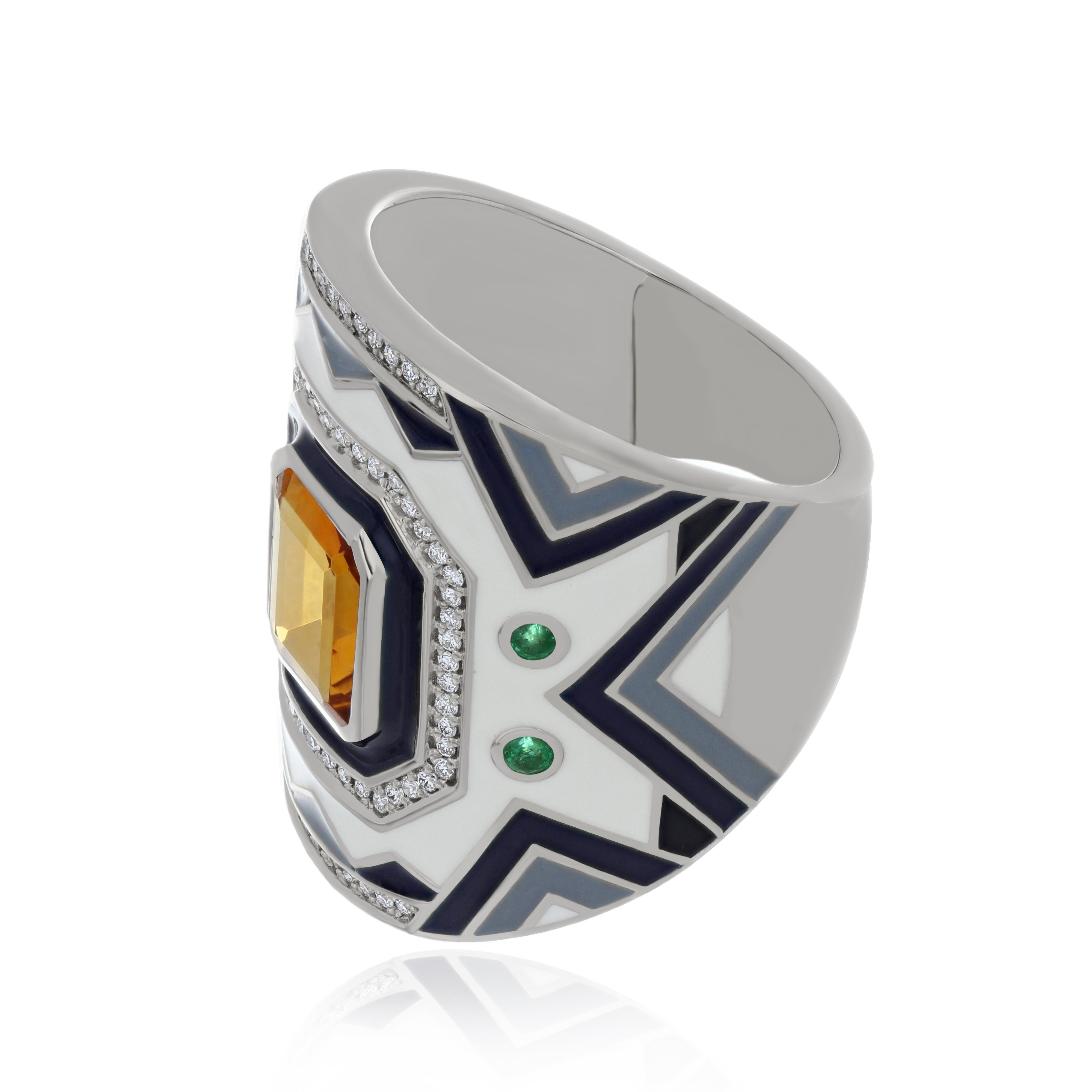 For Sale:  Citrine, Emerald & Diamond Studded Ring with Enamel in 14 Karat White Gold 3