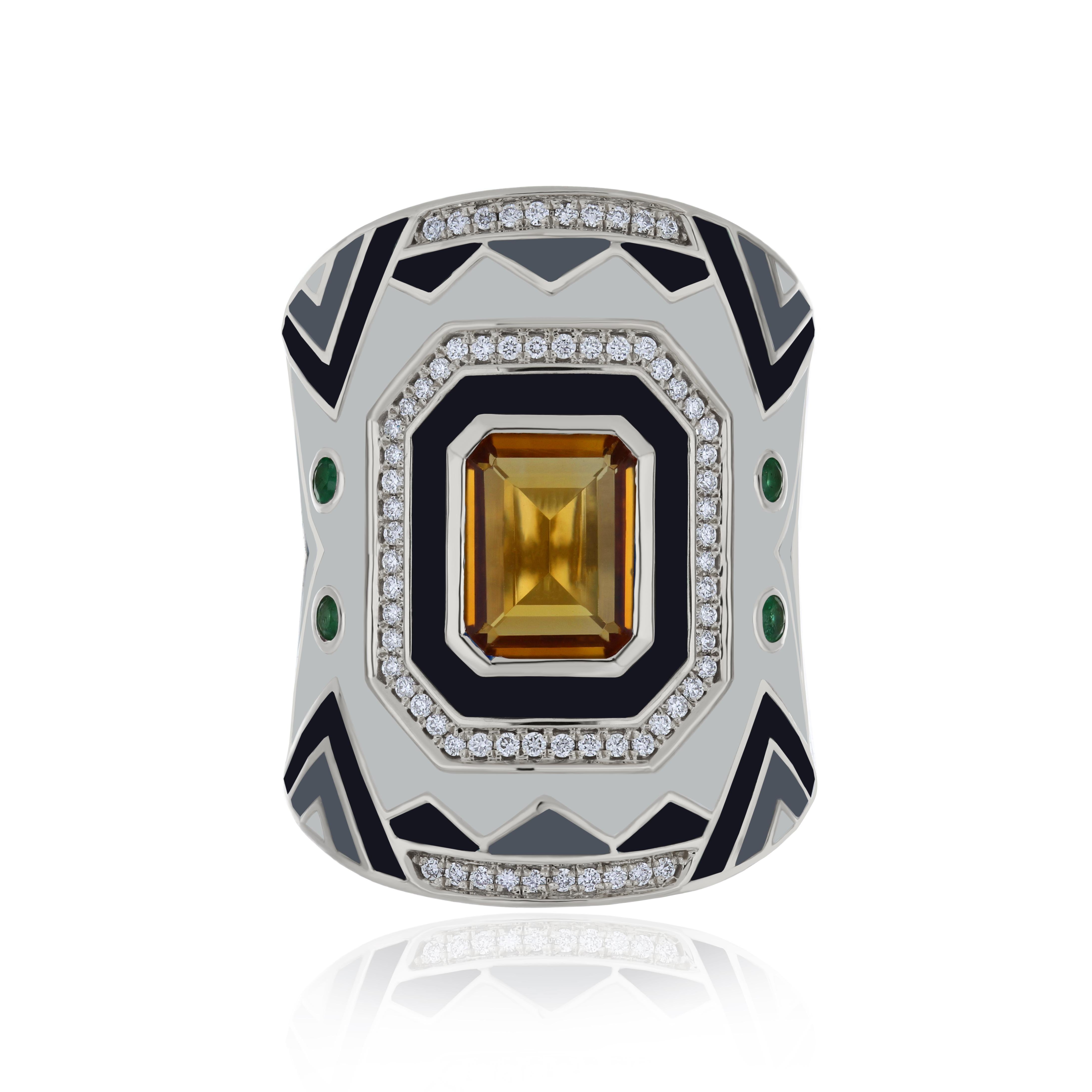 For Sale:  Citrine, Emerald & Diamond Studded Ring with Enamel in 14 Karat White Gold 6