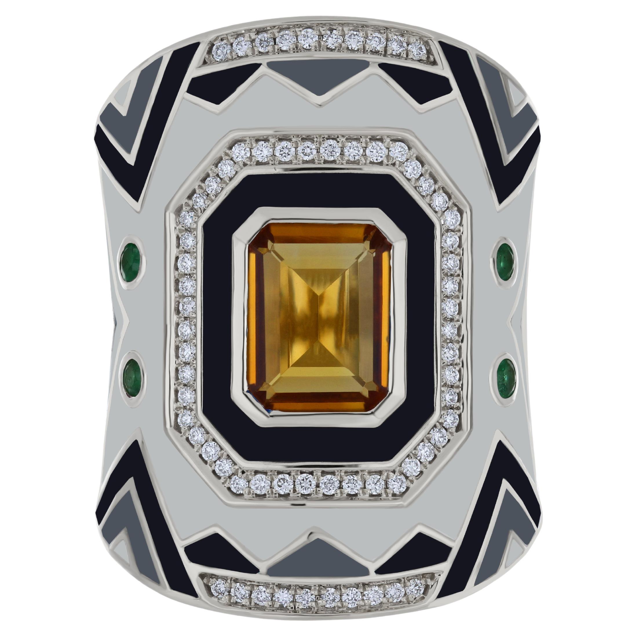 Citrine, Emerald & Diamond Studded Ring with Enamel in 14 Karat White Gold