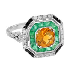 Citrine Emerald Onyx and Diamond Octagonal Shape Engagement Ring in 14k Gold