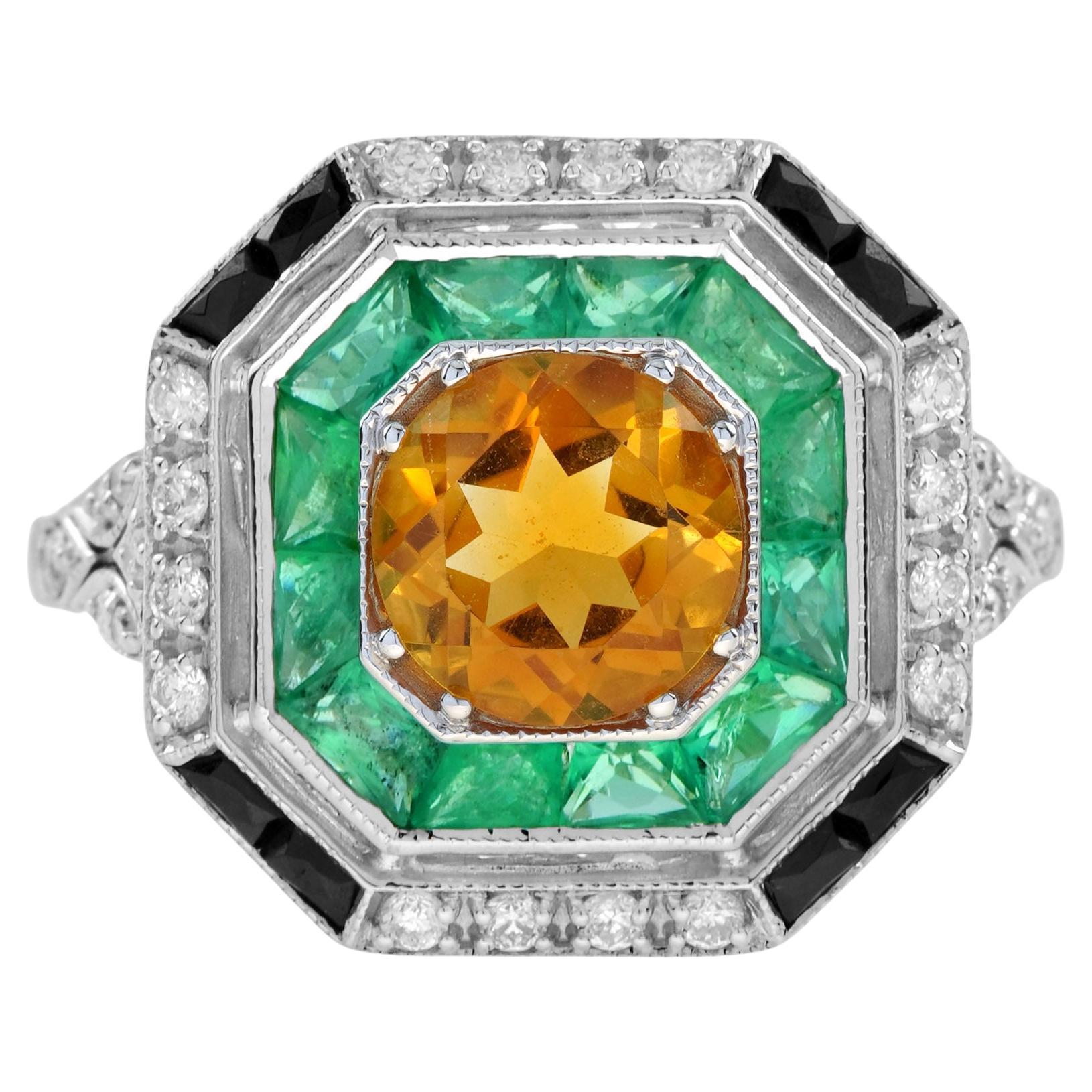 Anello di fidanzamento a forma ottagonale con smeraldo citrino, onice e diamante in oro 14k