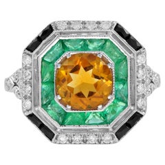 Citrine Emerald Onyx and Diamond Octagonal Shape Engagement Ring in 14k Gold