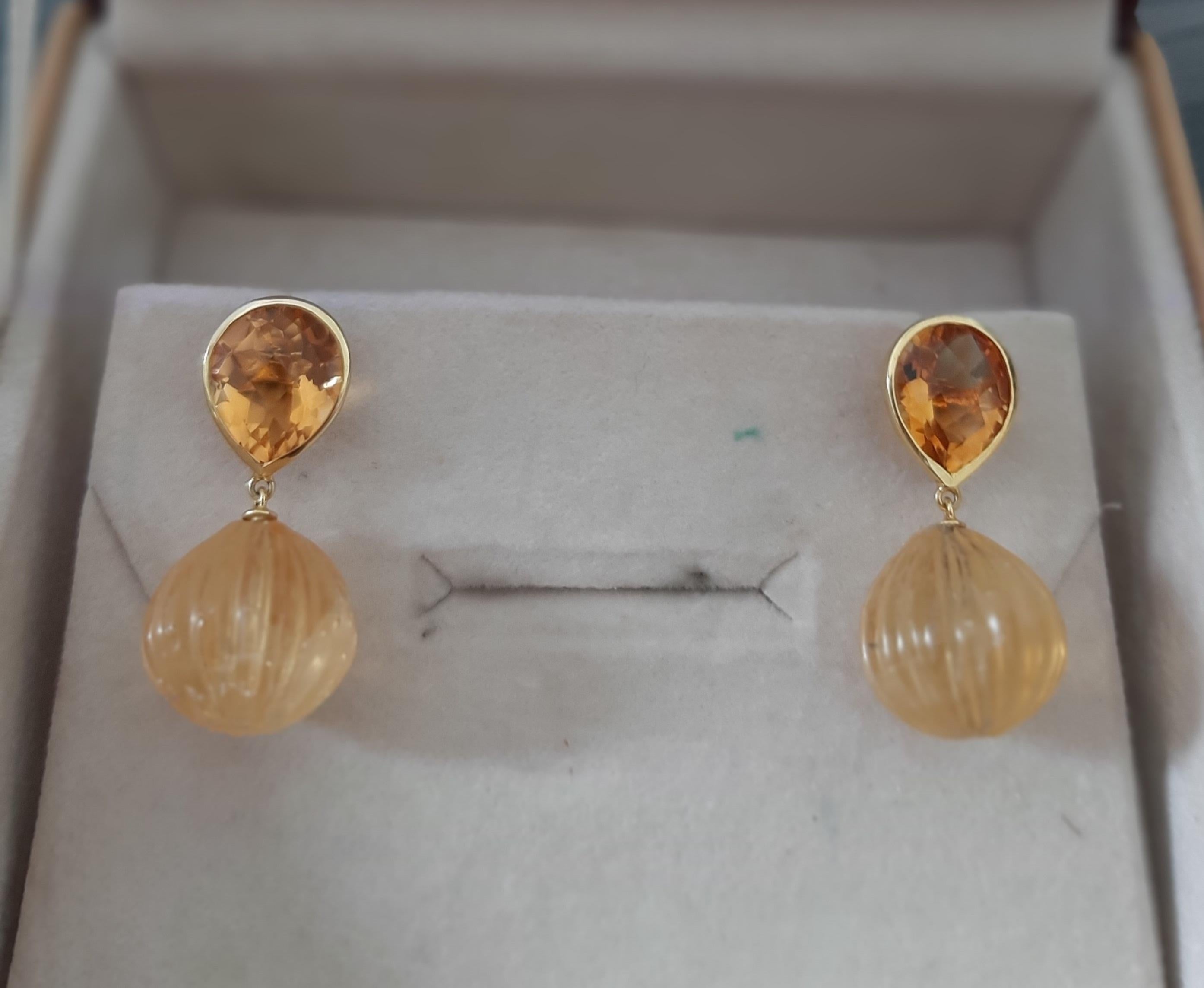 Citrin  Facettierte Birne Form geschnitzt Citrin Rund  Drops 14k Massiv Gelbgold (Gemischter Schliff) im Angebot