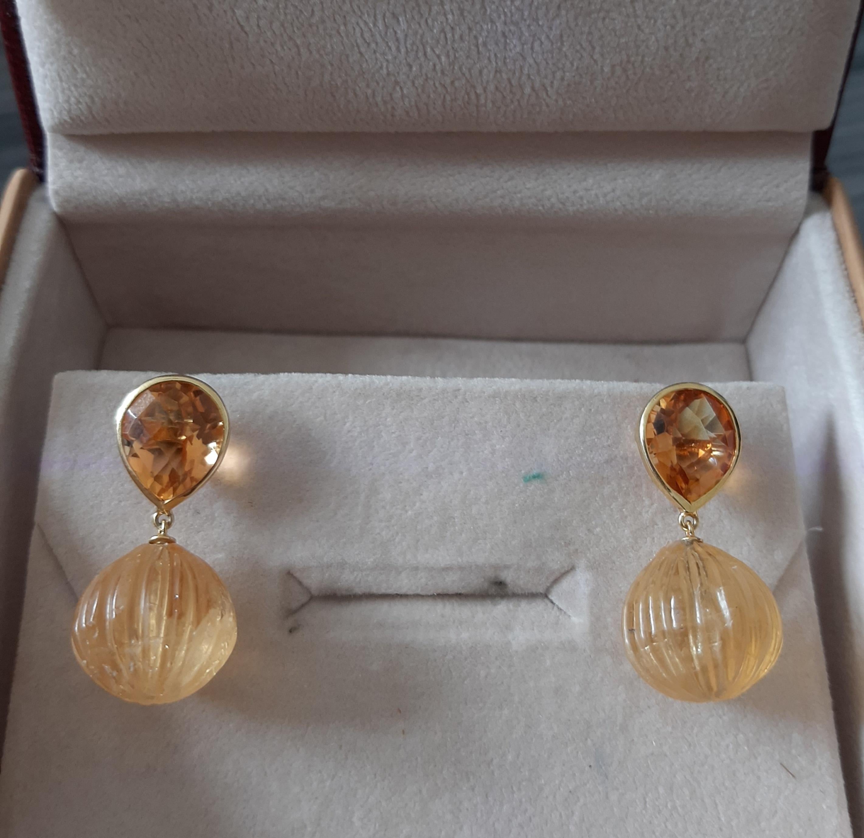 Citrin  Facettierte Birne Form geschnitzt Citrin Rund  Drops 14k Massiv Gelbgold im Zustand „Neu“ im Angebot in Bangkok, TH