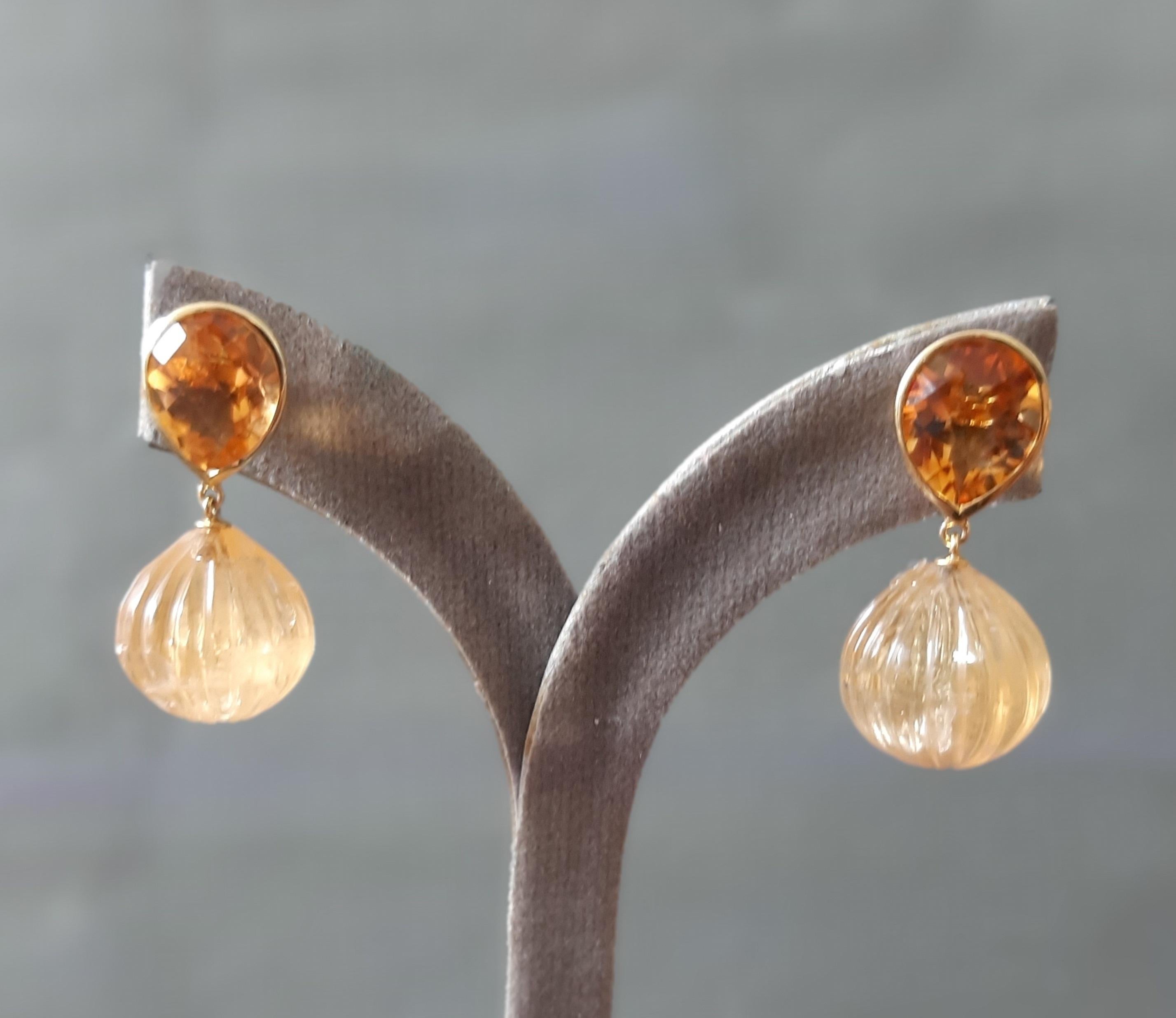Citrin  Facettierte Birne Form geschnitzt Citrin Rund  Drops 14k Massiv Gelbgold im Angebot 1