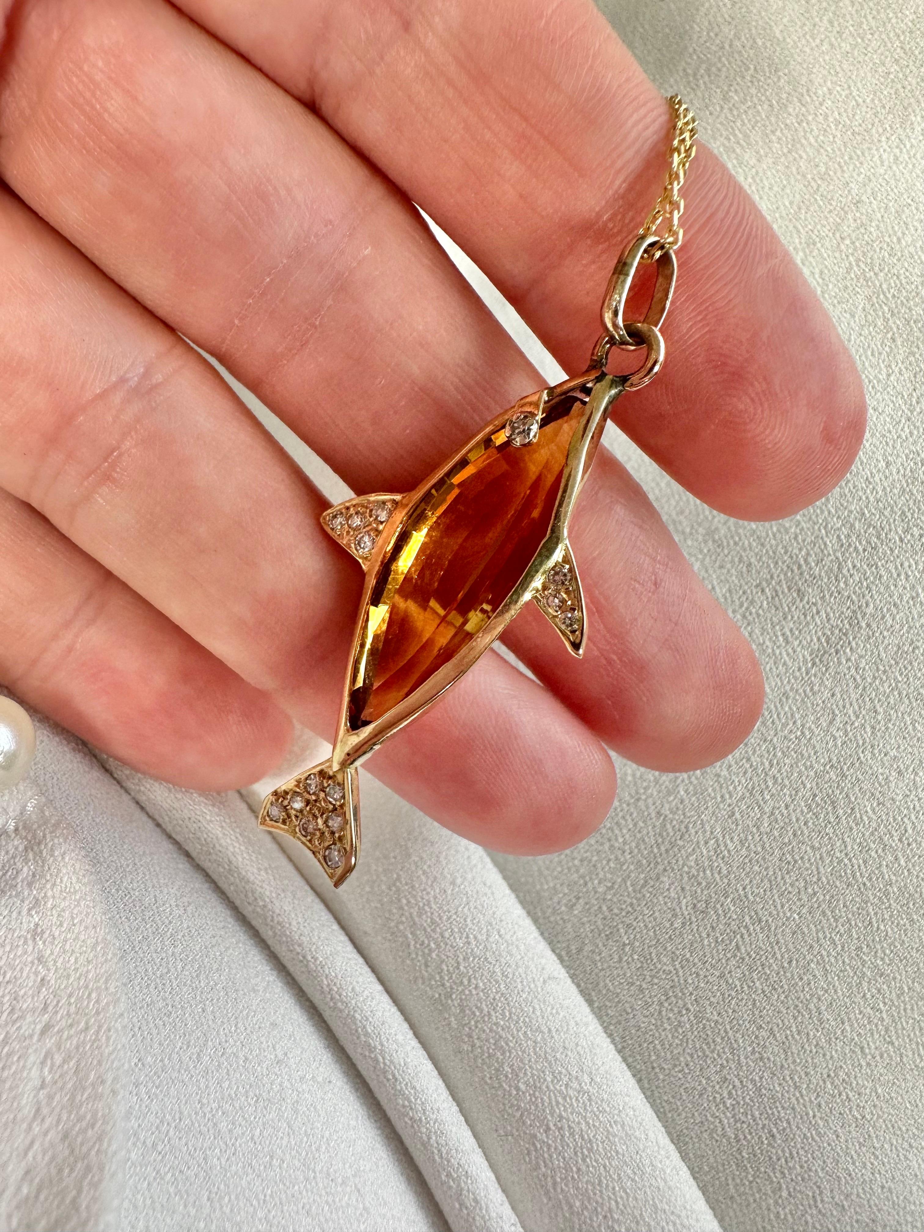 Citrine fish diamond pendant necklace 14KT custom rare fishing pendant necklace In New Condition For Sale In Jupiter, FL