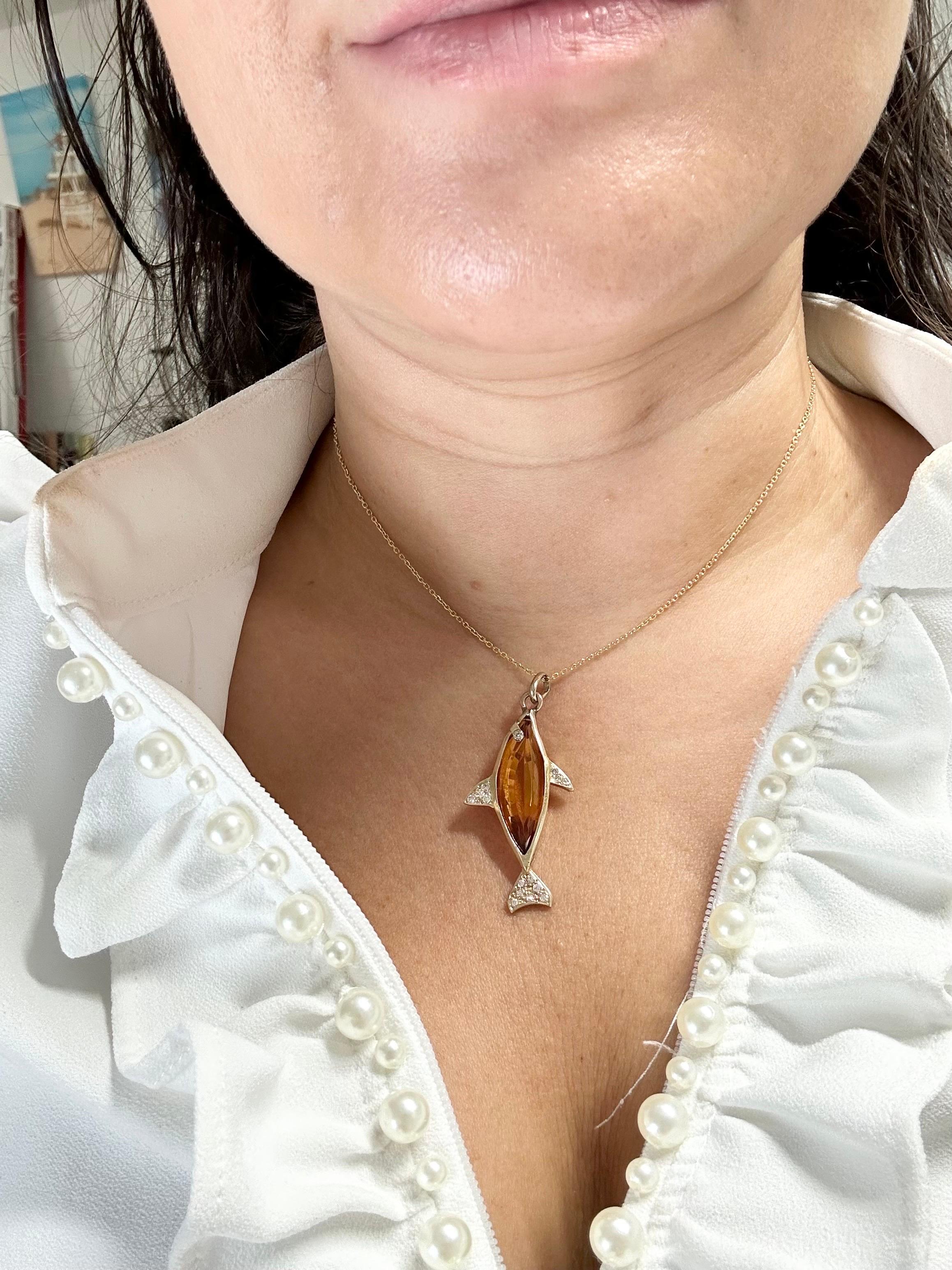Citrine fish diamond pendant necklace 14KT custom rare fishing pendant necklace For Sale 1