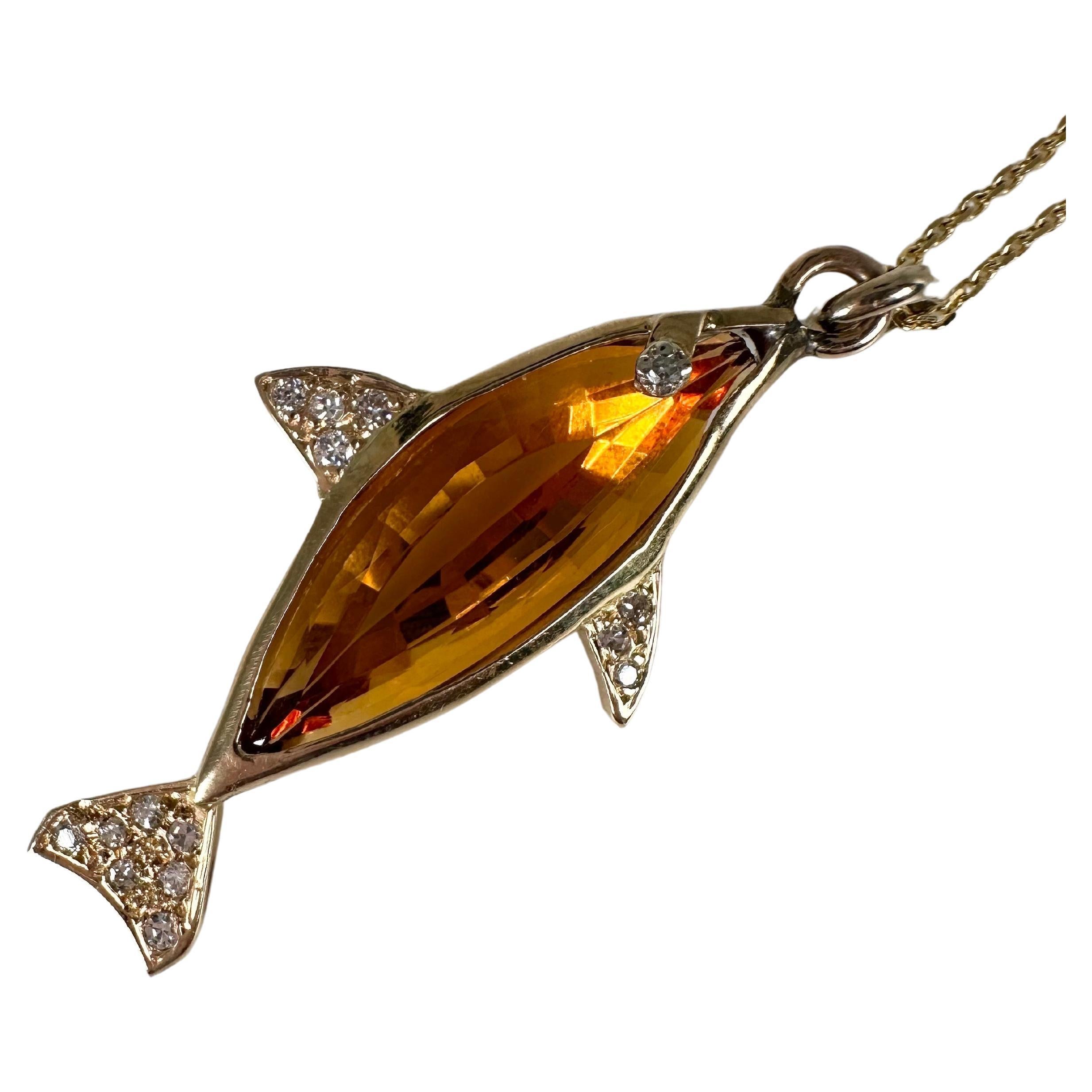 Citrine fish diamond pendant necklace 14KT custom rare fishing pendant necklace For Sale