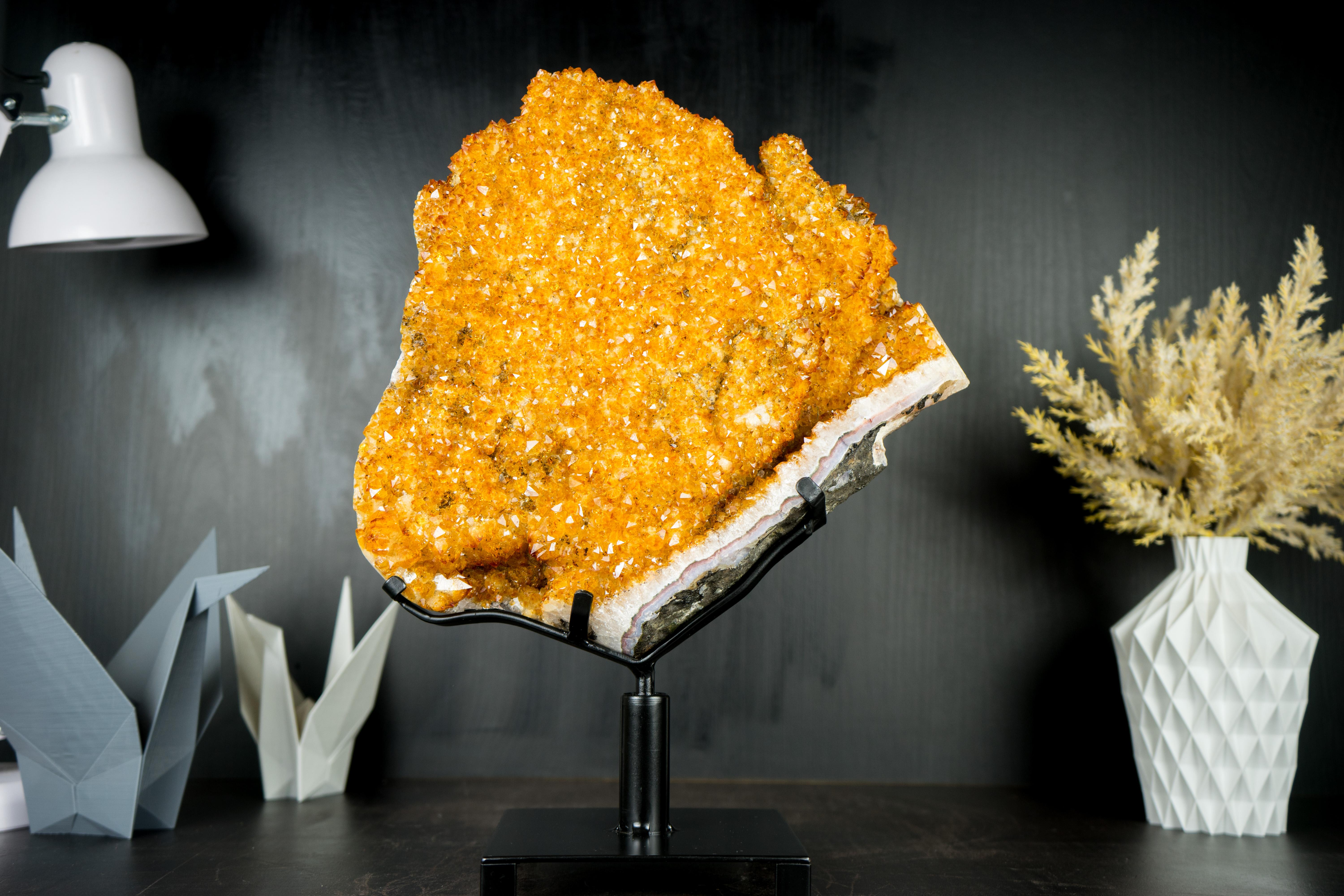 Citrine Flower Specimen with High-Grade Sparkling Golden Orange Druzy on Stand For Sale 10