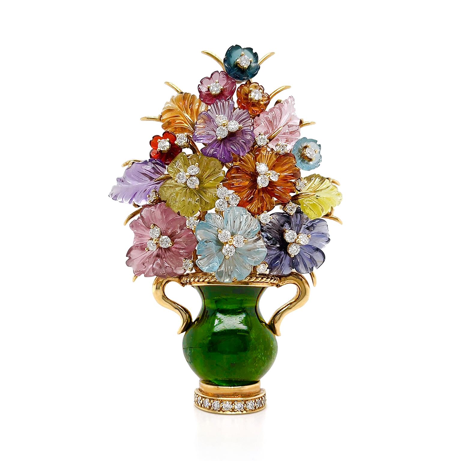 Round Cut Green Tourmaline Flower Vase Brooch For Sale