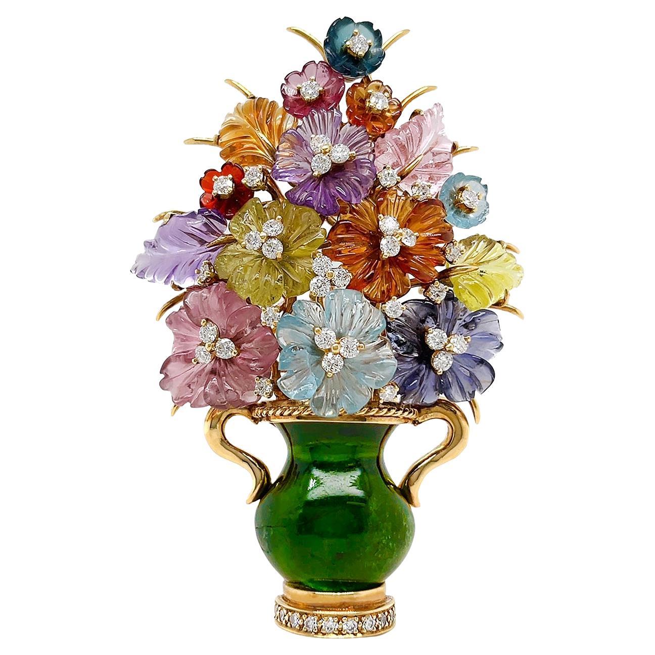 Green Tourmaline Flower Vase Brooch