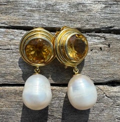 Citrine & Freshwater Pearl Gold Plated Dangle Earrings