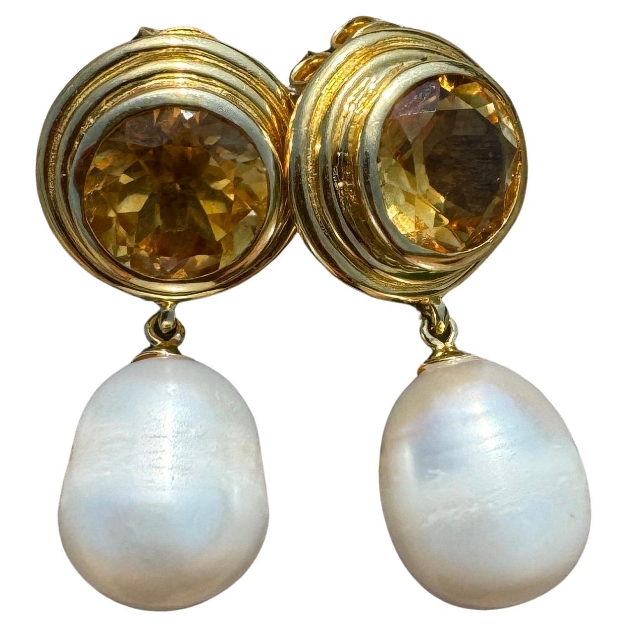 Citrine & Freshwater Pearl Gold Plated Dangle Earrings