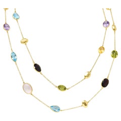 Citrine Garnet Amethyst Multi-Gem 18 Karat Gold Gemstone Station Long Necklace