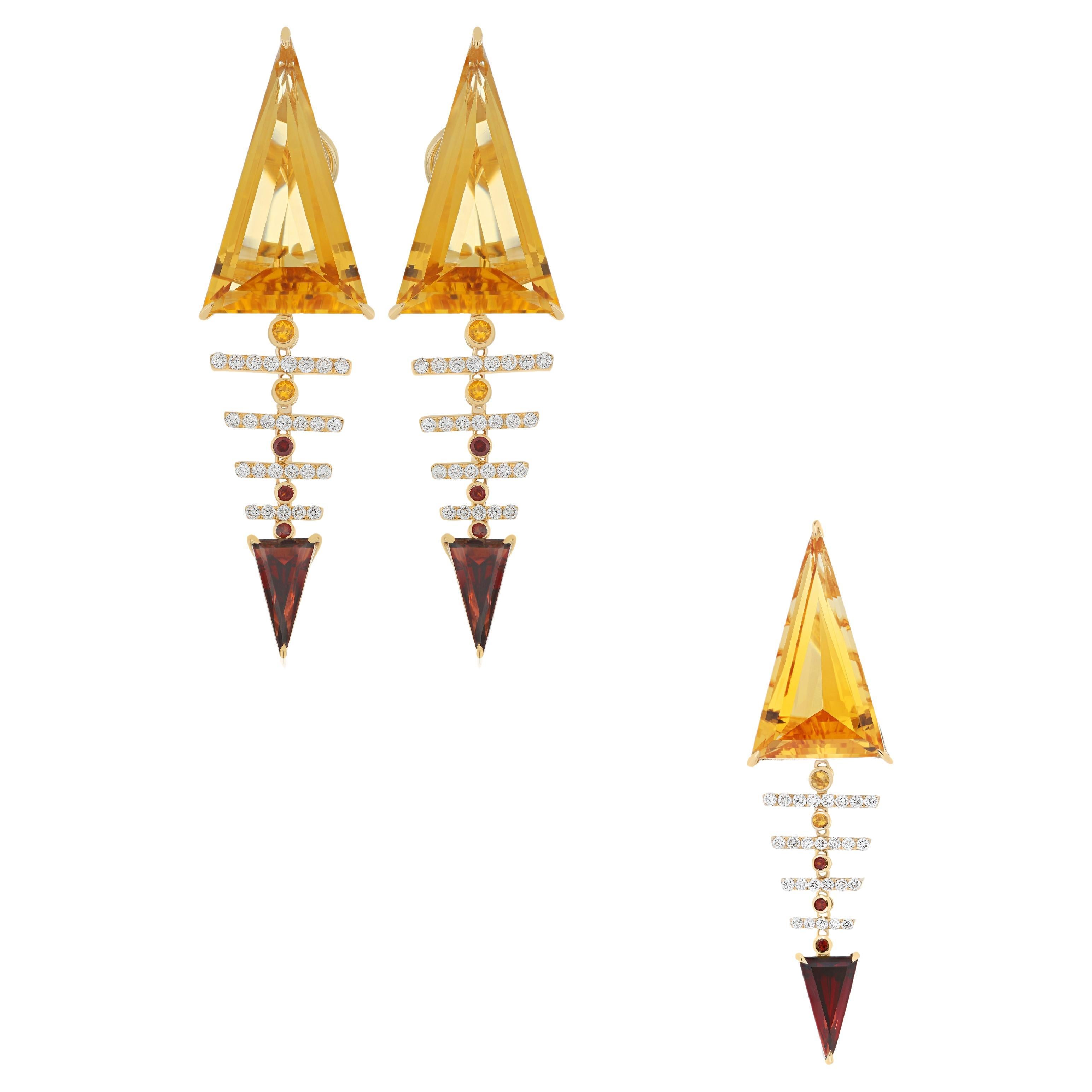 Citrine, Garnet and Diamond Dangle Earring Pendant Set in 14K Yellow Gold