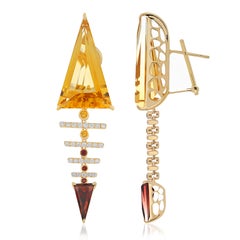 Citrine, Garnet and Diamond Earring 14K Yellow Gold Drop Dangle Earring