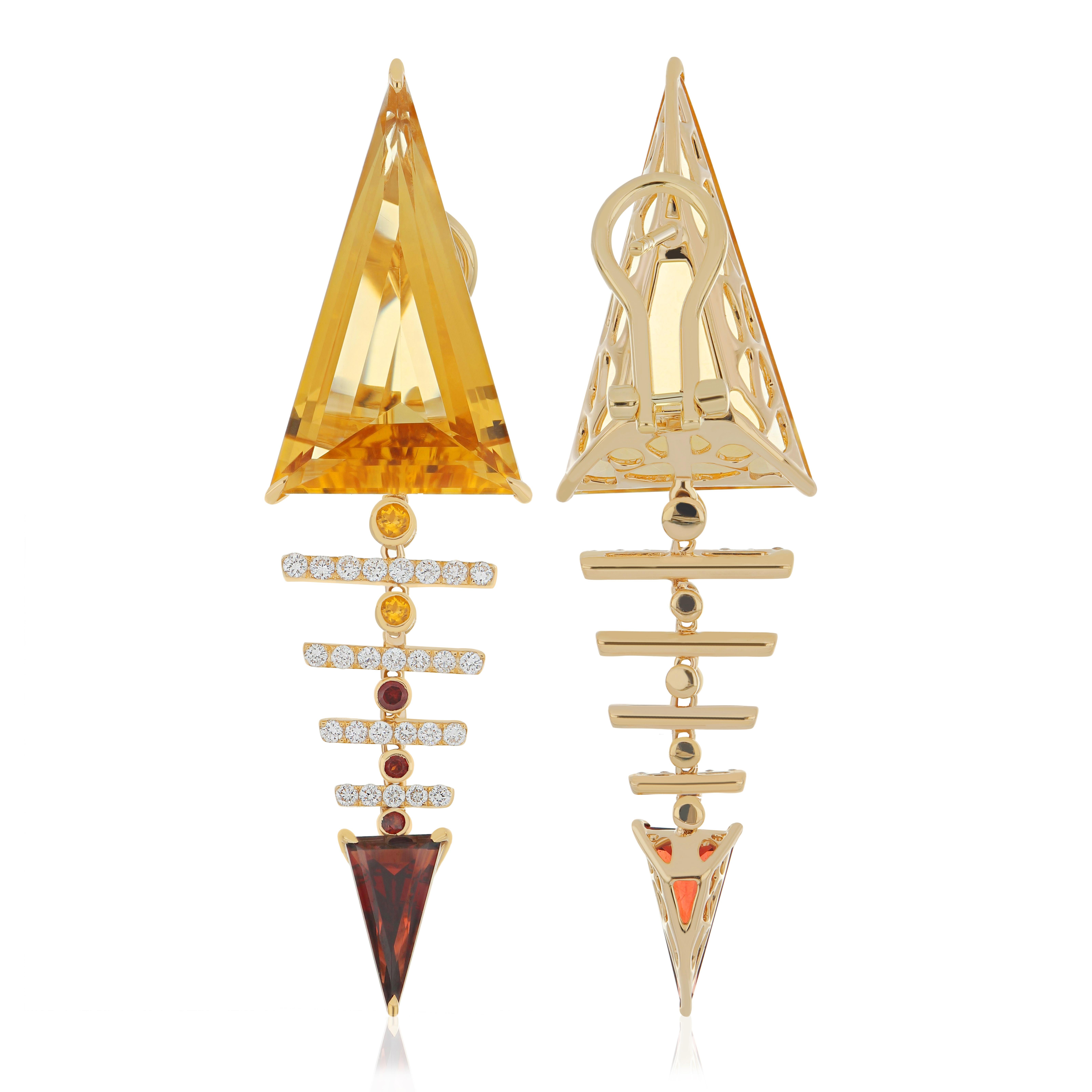 Mixed Cut Citrine, Garnet and Diamond Earring 14K Yellow Gold Drop Dangle Earring For Sale